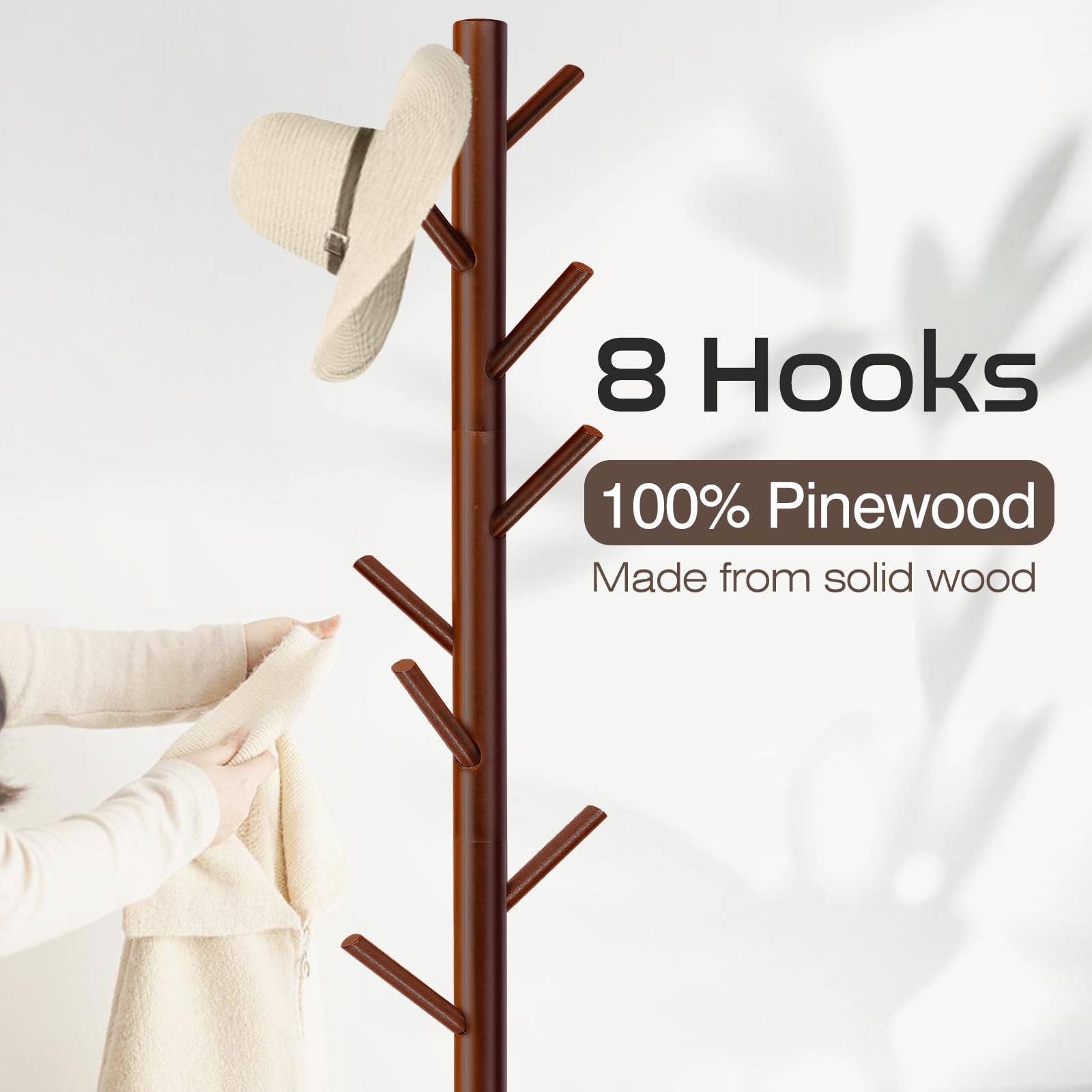 WZK Freestanding Wooden Coat Rack 8 Adjustable Hooks 3 Tiered Tree ...