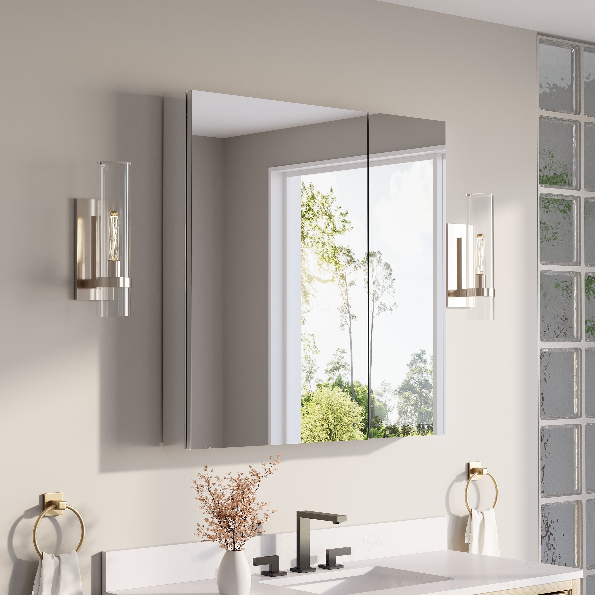 ANGELES HOME  36-in x 36-in Surface/Recessed Mount Aluminum Combo Medicine Cabinet with Adjustable Shelves
