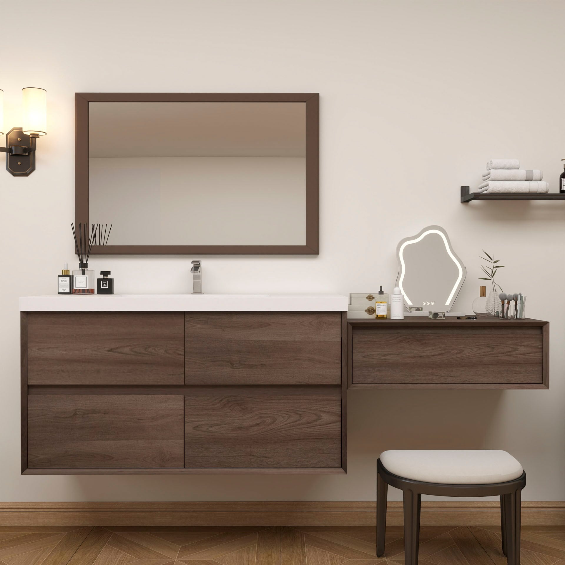BV Better Vanity SLIM48+30-RO Kingdee 78-in Red Oak Single Sink Floating Bathroom Vanity with White Acrylic Top