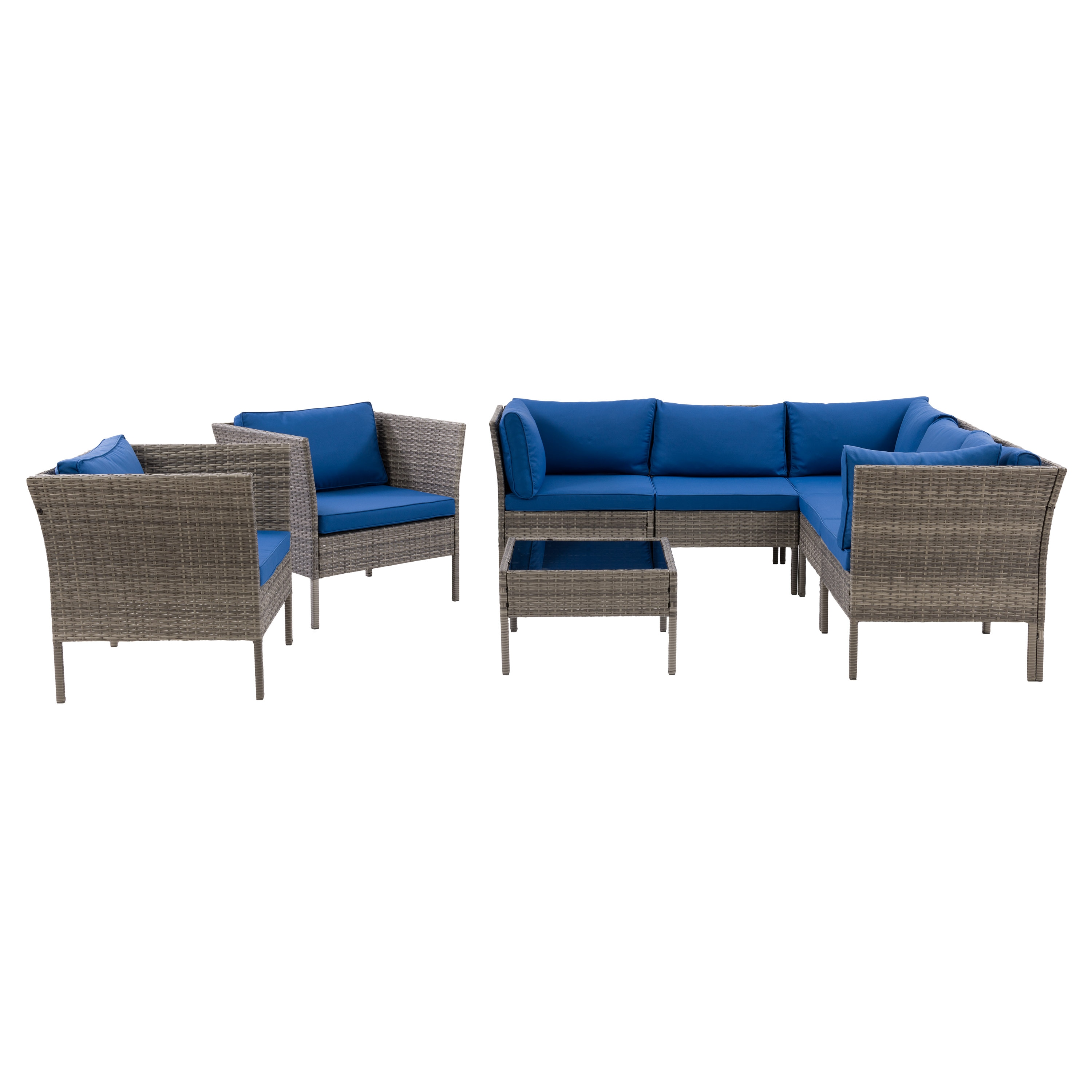 CorLiving PRK-602-Z2 Parksville 8 -Piece Wicker Patio Conversation Set with Blue Cushions