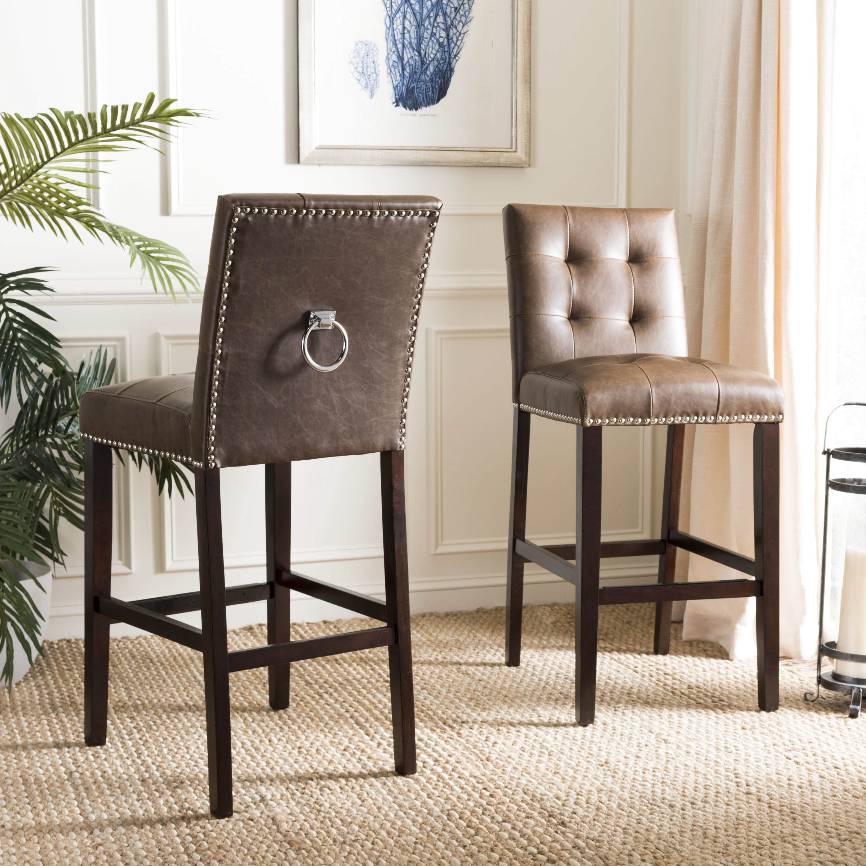 Safavieh BST6302D-SET2 Nikita 2 -Set Brown 44.0-in H Tall Square seat Upholstered Wood Bar Stool