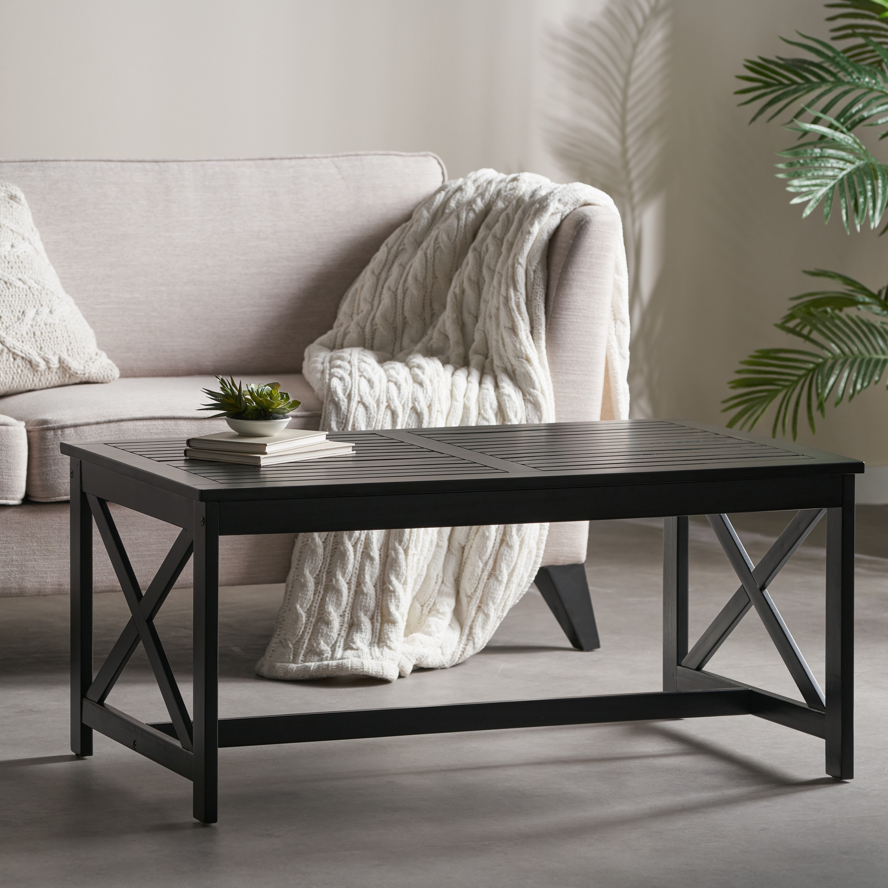 Siavonce Black Acacia Wood Modern Coffee Table in the Coffee Tables
