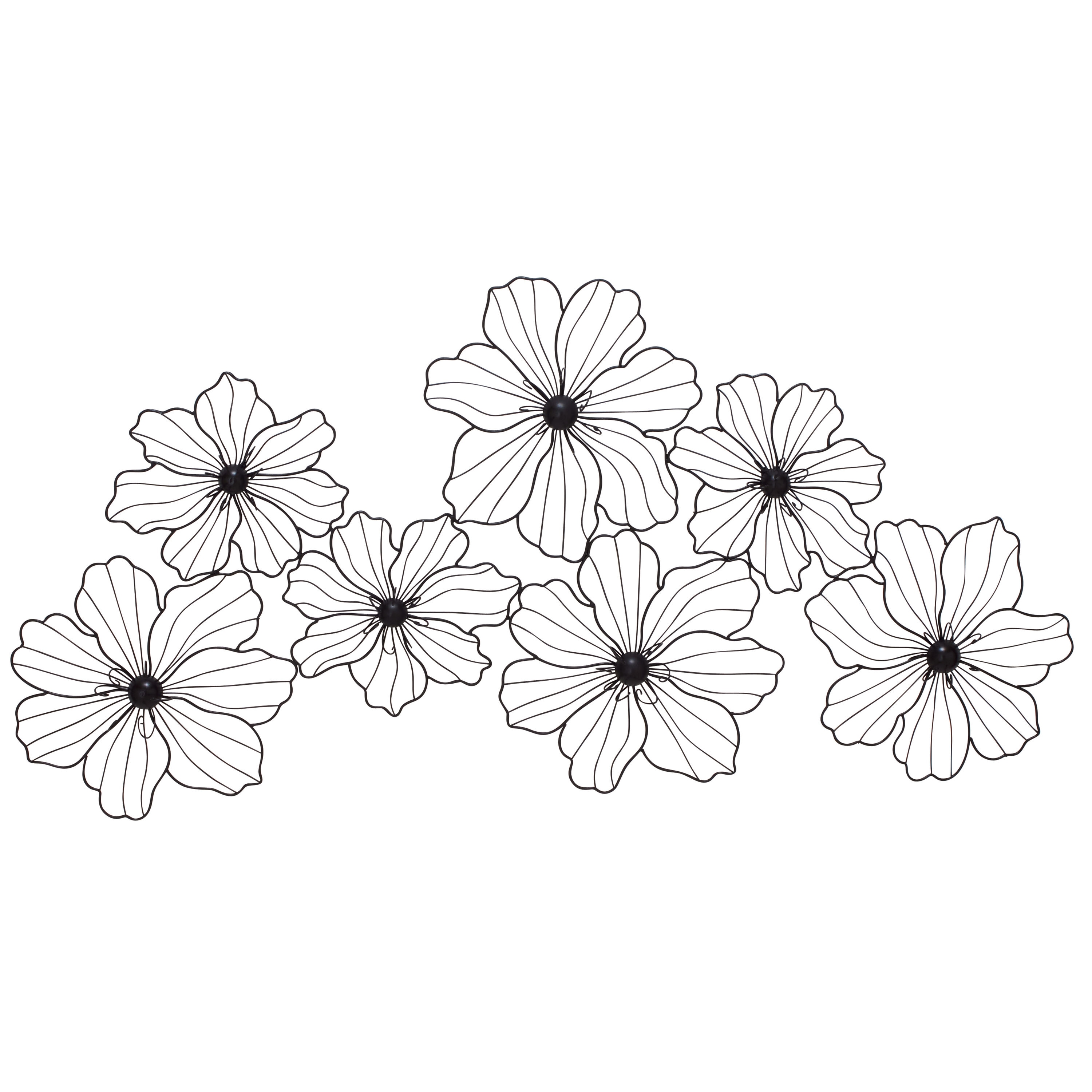Black Metal Floral Wire Wall Sculpture with Scroll Accents