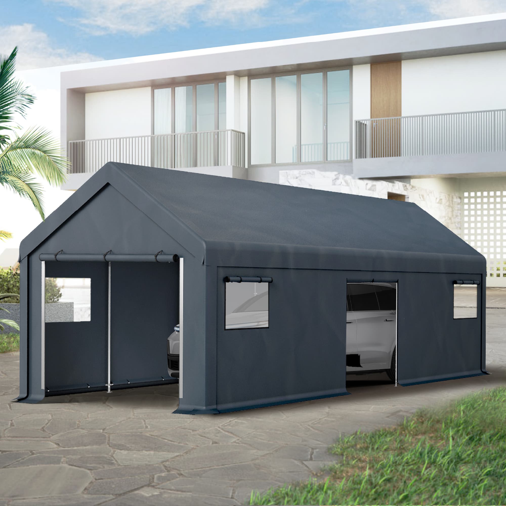 Sunshine Valley GA122-G 13-Feet W x 24-Feet L x 6.6-Feet H Dark Gray Metal Carport with Polycarbonate Roof