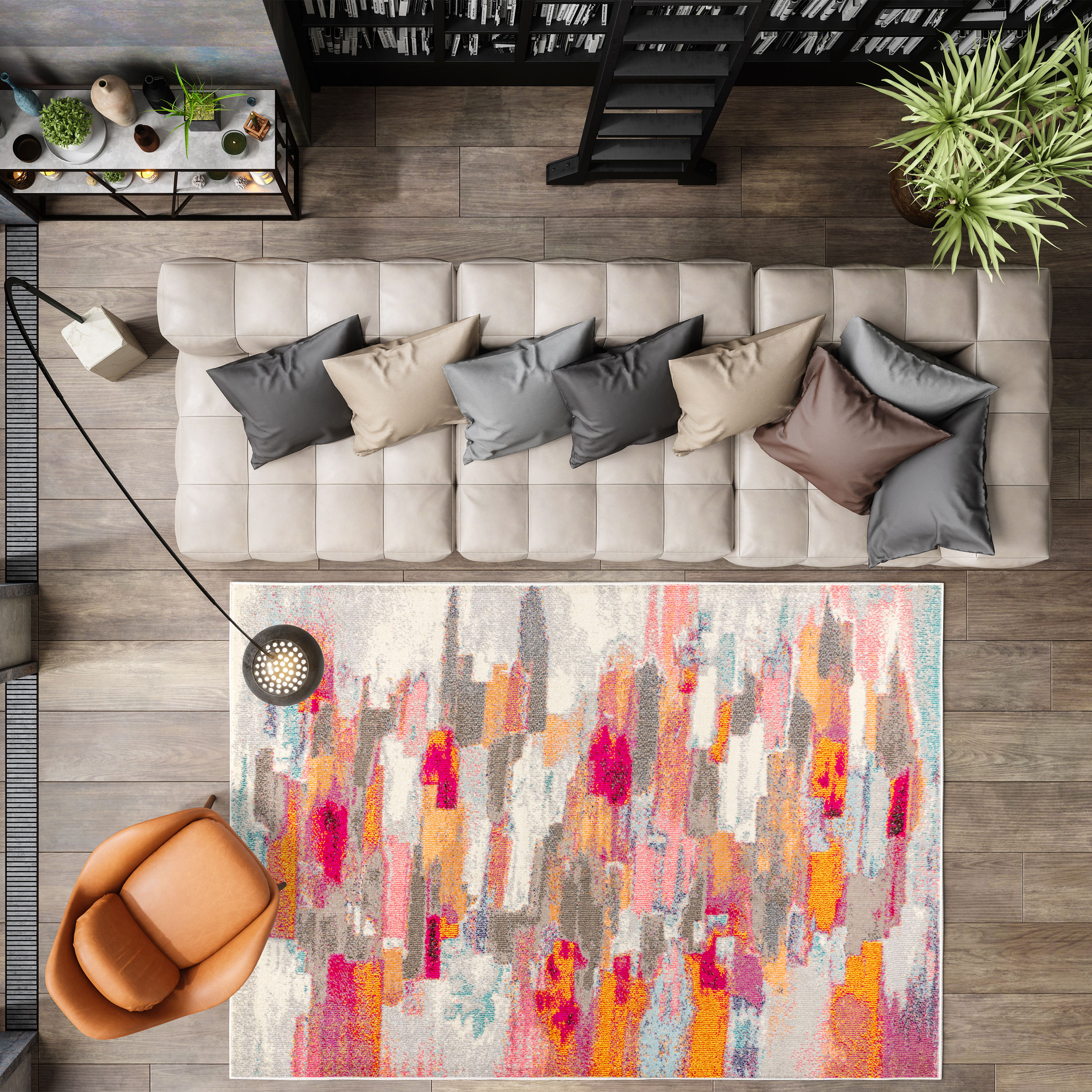 Abstract Impressionist Ivory/Pink Synthetic 4' x 6' Area Rug