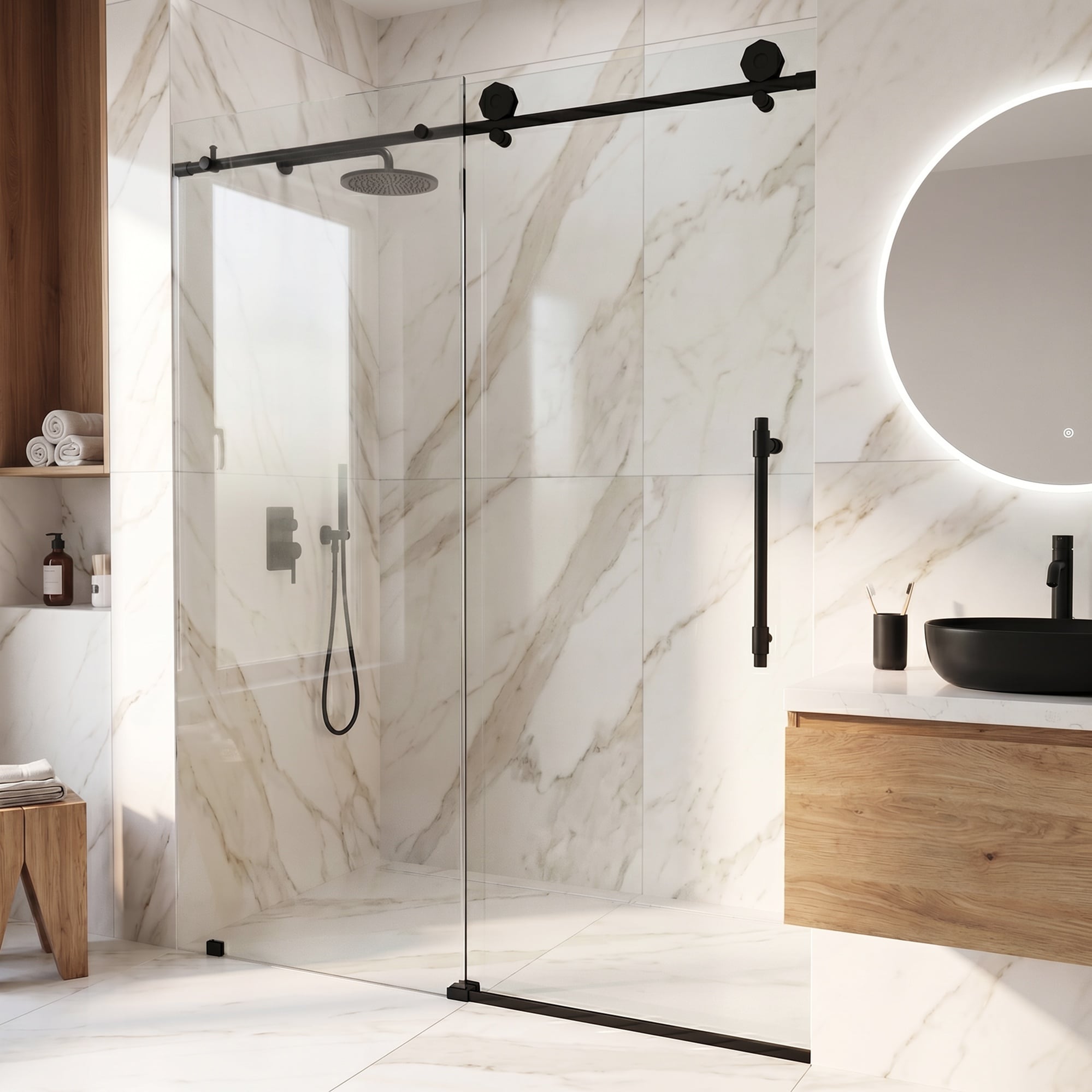 VIGO Elan Hart Matte Black 68-in to 72-in W x 76-in H Frameless Clear Glass Sliding Shower door