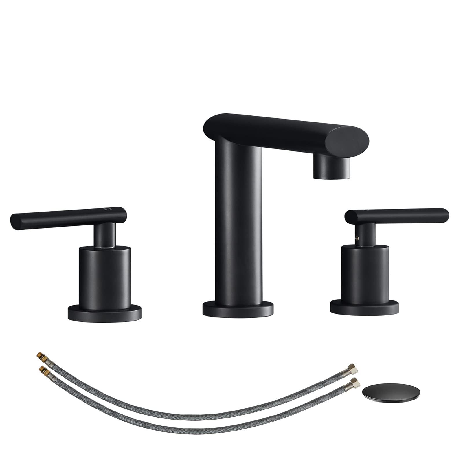 LOVMOR SF-J-T3177P277505 Matte Black Widespread Bathroom Faucet Waterfall Bathroom Faucets for Sink 3 Hole 2-Handles Modern Vanity Faucet with Pop Up Drain Assembly and Lead-Free Supply Hose 8-Inch