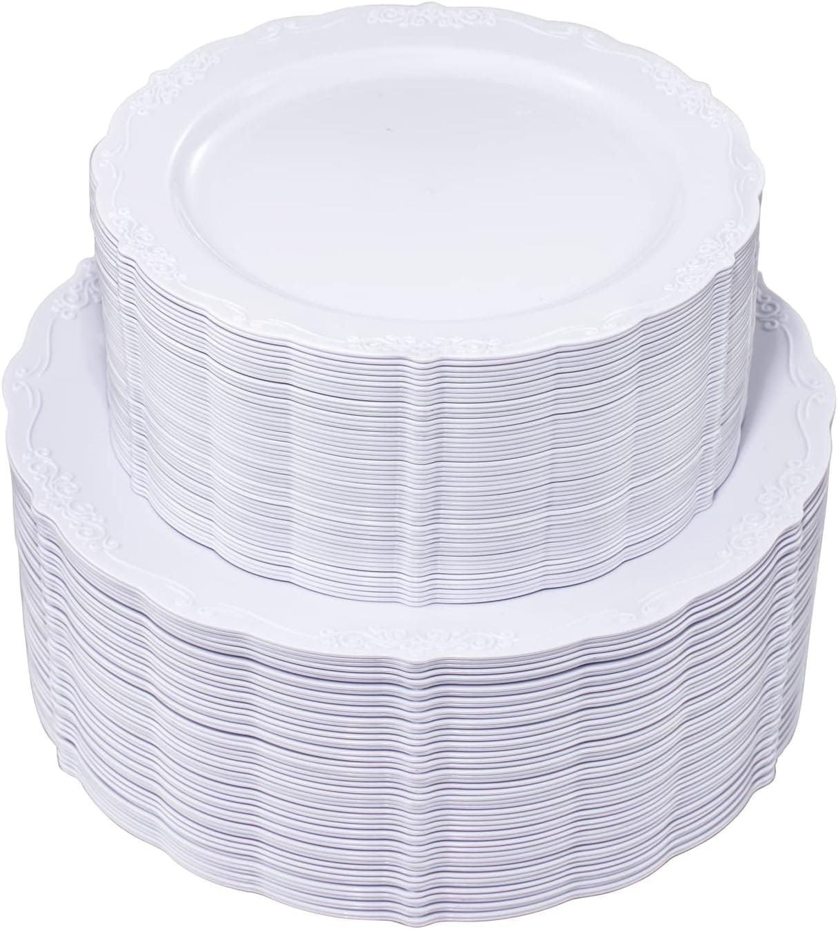Wellife WELLFE 100 Pieces White Plastic Plates White Disposable Plates Premium Hard Plastic Disposable Plates for Wedding and Party Use Including 50 Dinner Plates 10 Inch 50 Dessert Plates 7.5 Inch