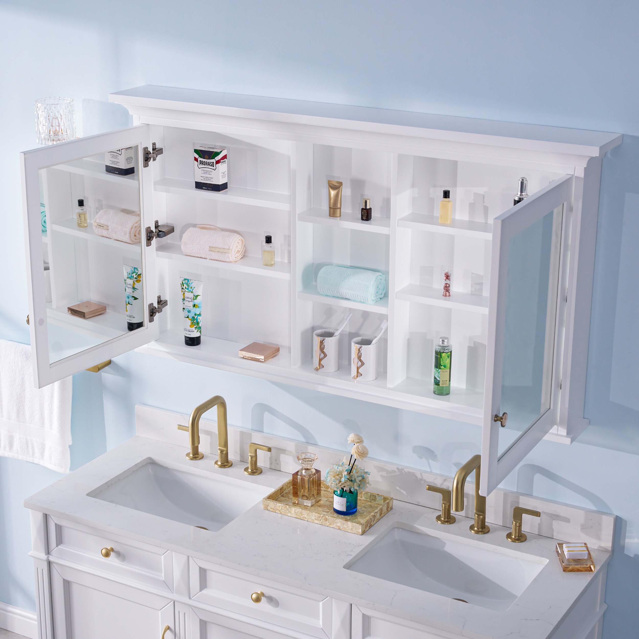 Forclover 55-in x 30-in Surface Mount White Mirrored Soft Close Medicine Cabinet