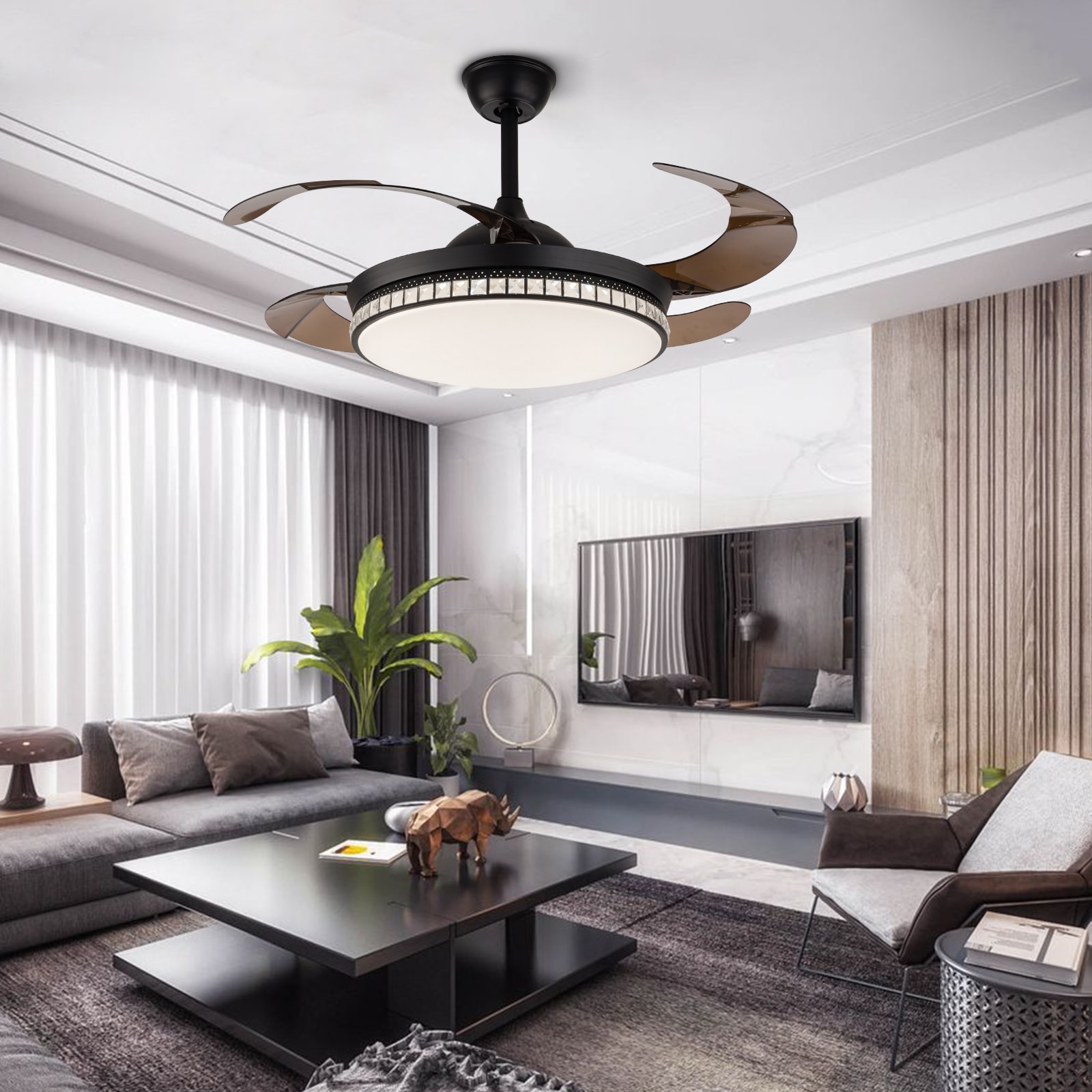 42-Inch Black Retractable Blade LED Chandelier Ceiling Fan