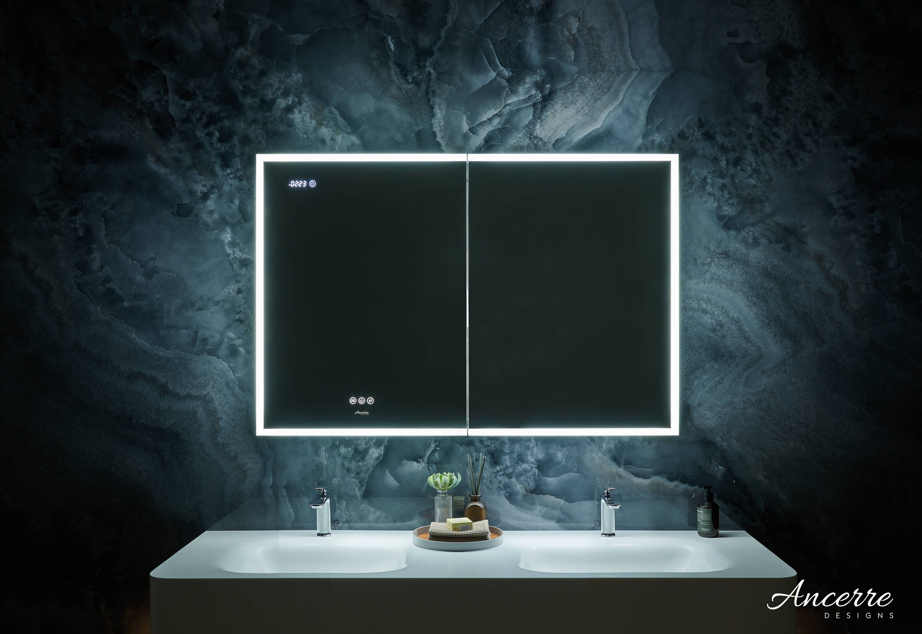 Ancerre Designs LEDM-PAGANI-36 Pagani 36-Inches x 32-Inches Lighted LED Fog Free Surface/Recessed Mount Black Mirrored Rectangle Soft Close Medicine Cabinet with Outlet