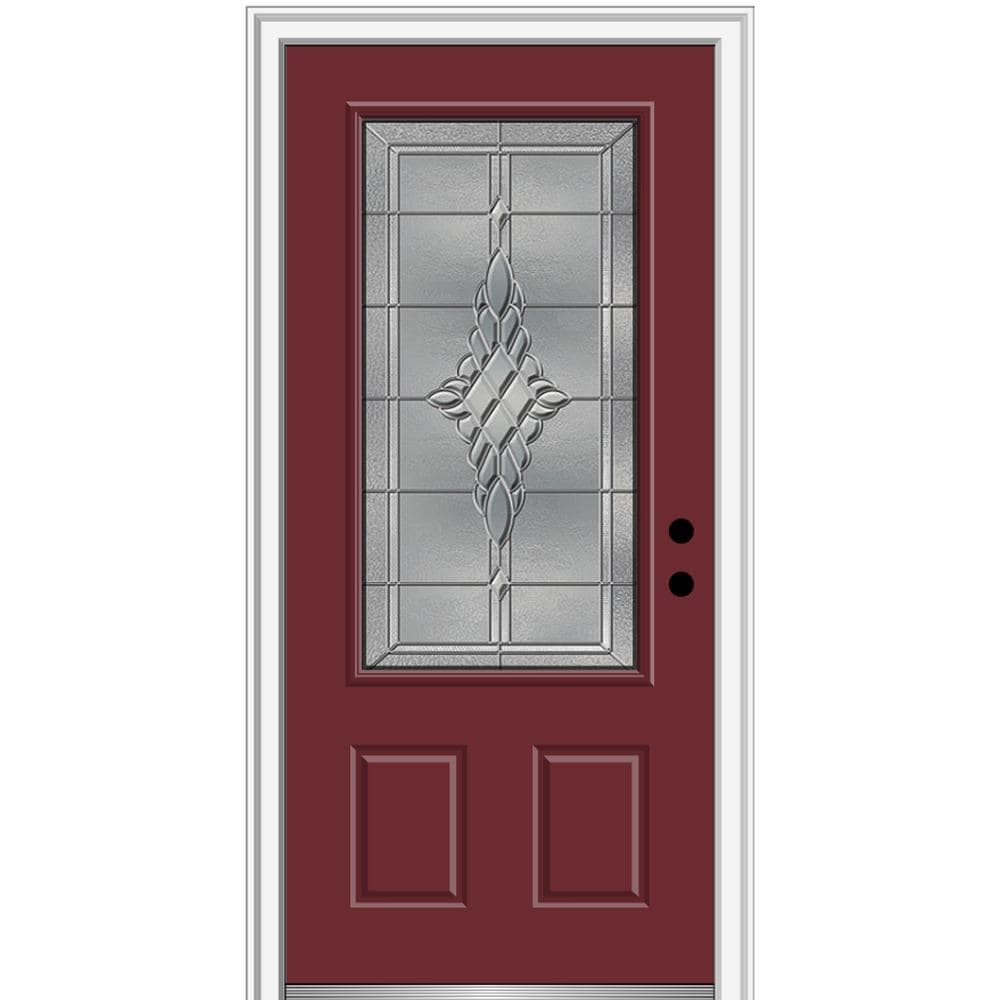 MMI DOOR ZZ3667004L 36-in x 80-in x 4-9/16-in Fiberglass 3/4 lite Left-hand inswing Burgundy Painted Prehung Front Door with Brickmould Insulating core