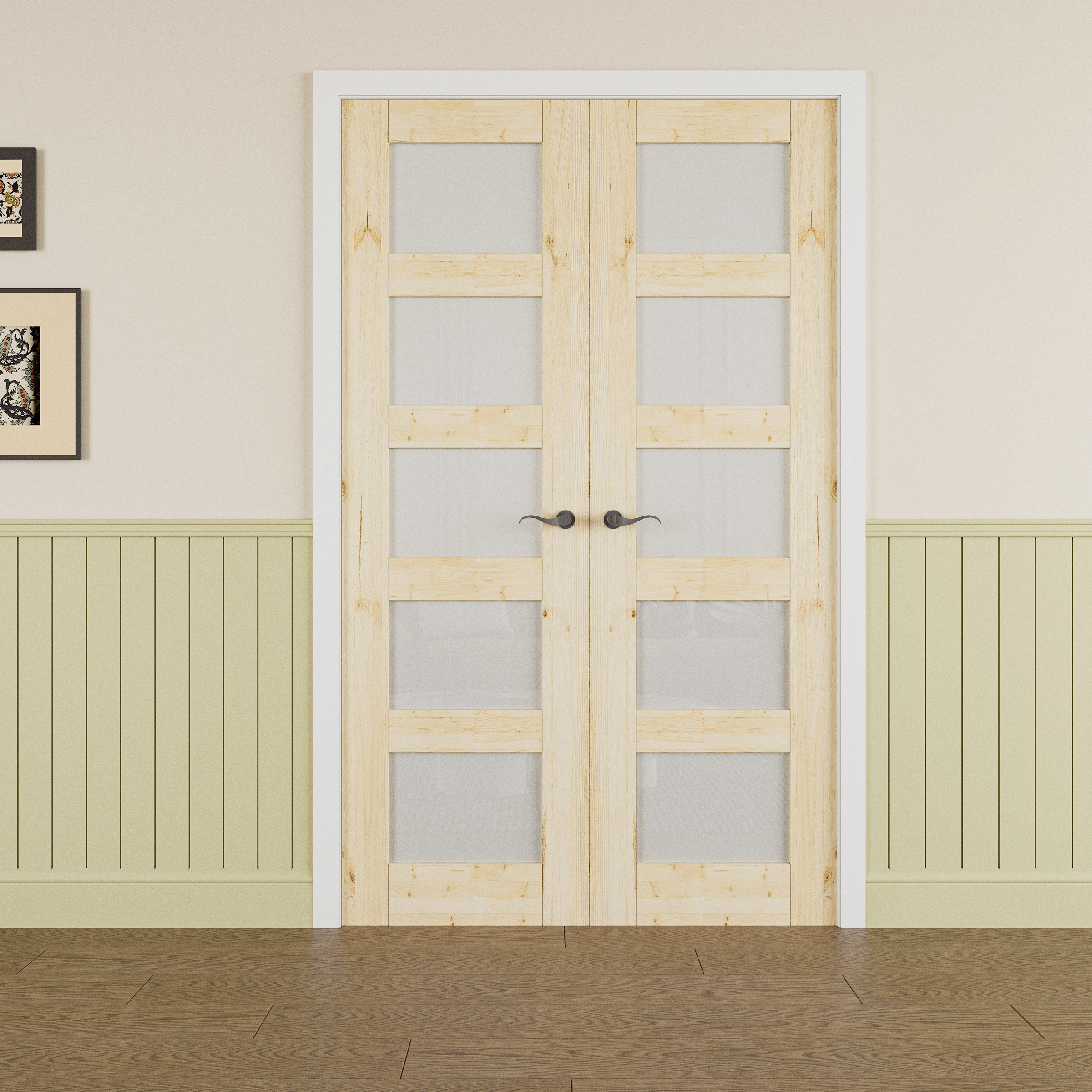 JUJUBON Natural 56-in x 80-in Multiple colors/finishes Unfinished Pine Wood Full lite Frosted glass Prehung Interior French Door (Hardware Included) #IN-PRE-FFR-5L-P-56