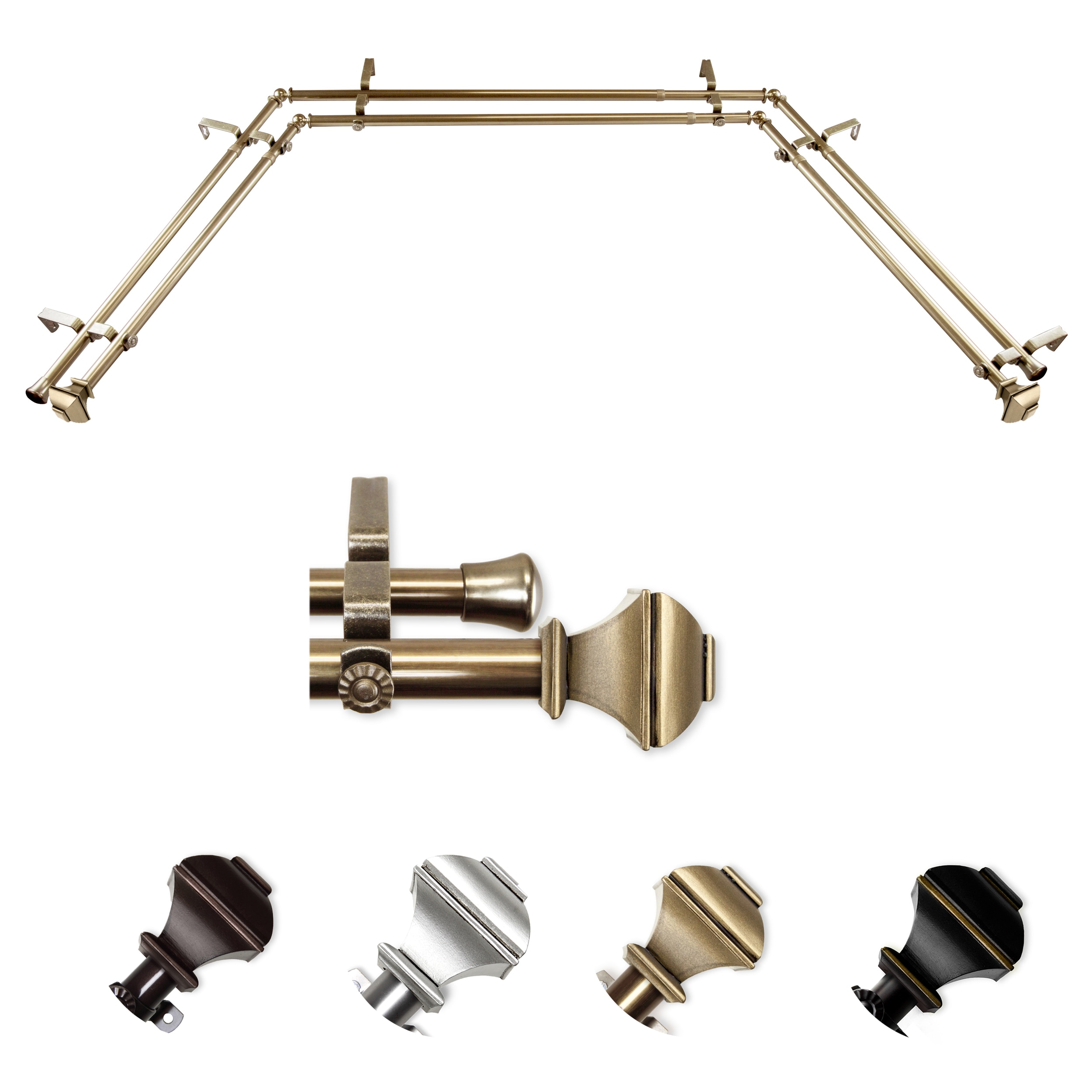 Hart & Harlow LO-ABAY-82-4D 72-in to 144-in Antique Brass Steel Bay window curtain rod with Finials