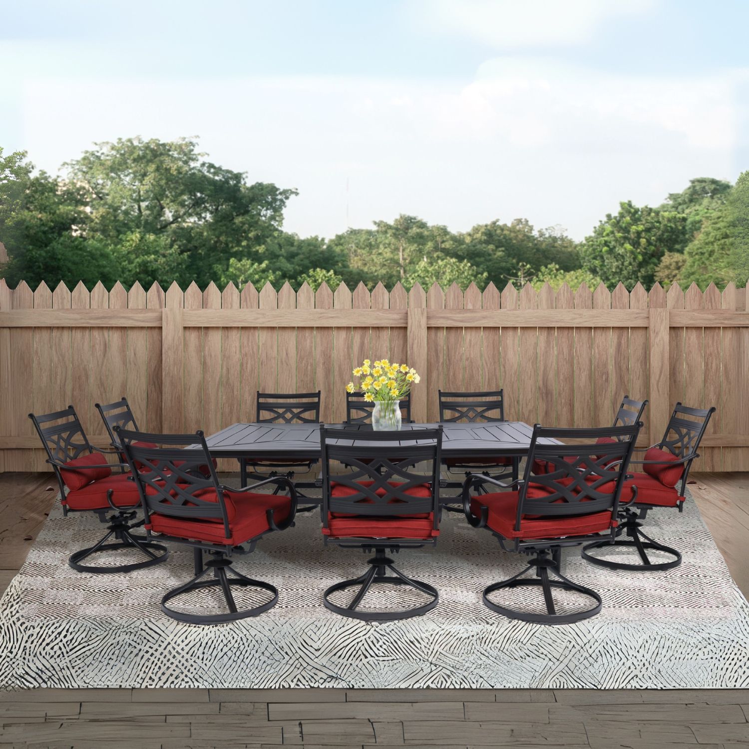 Hanover MCLRDN11PCSW10-CHL Montclair 11 -Piece Dark Brown Patio Dining Set Steel Rectangle Table with 10 Red Cushions Swivel Rocker Chairs