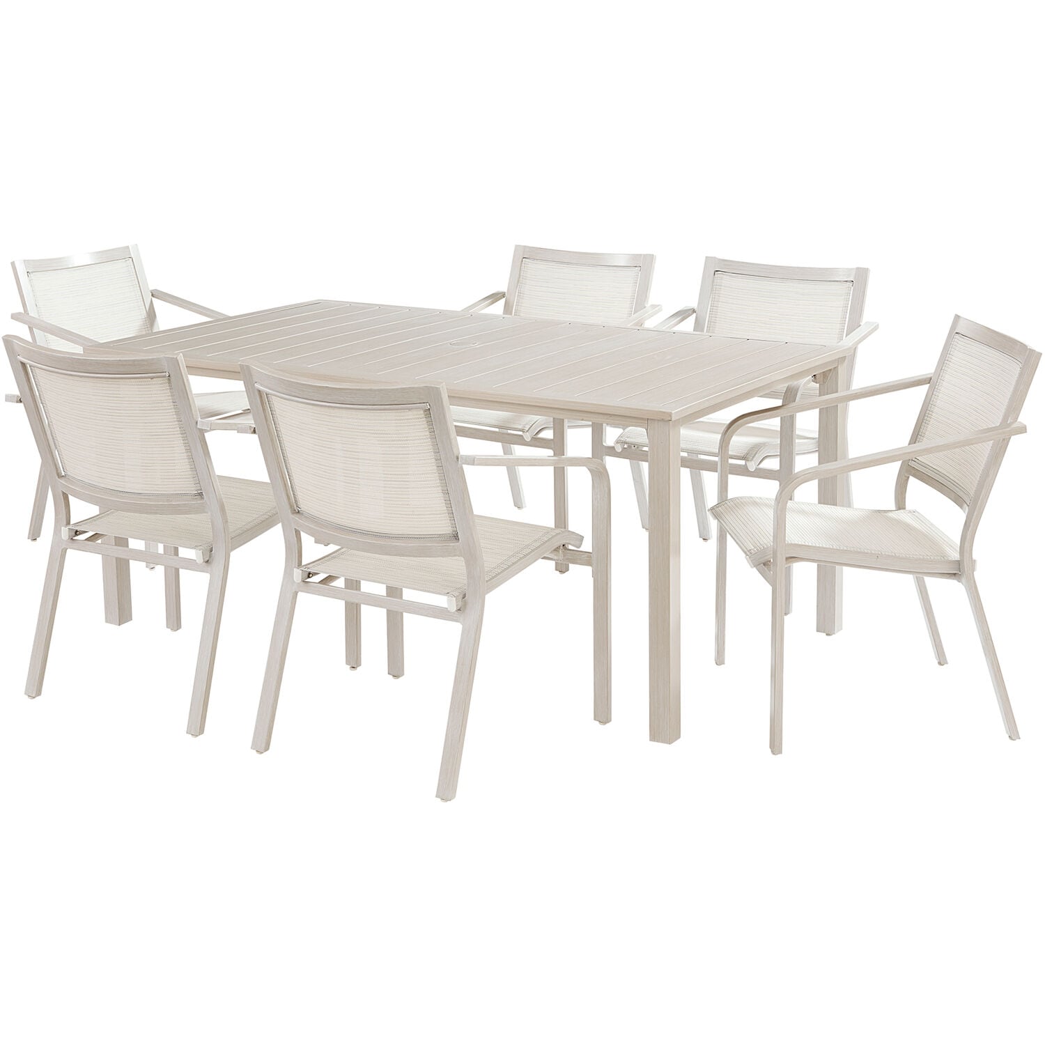 Hanover MORDN7PC-WHT Morrison 7 -Piece Off-White Patio Dining Set Aluminum Rectangle Table with 6 Stackable Stationary Chairs