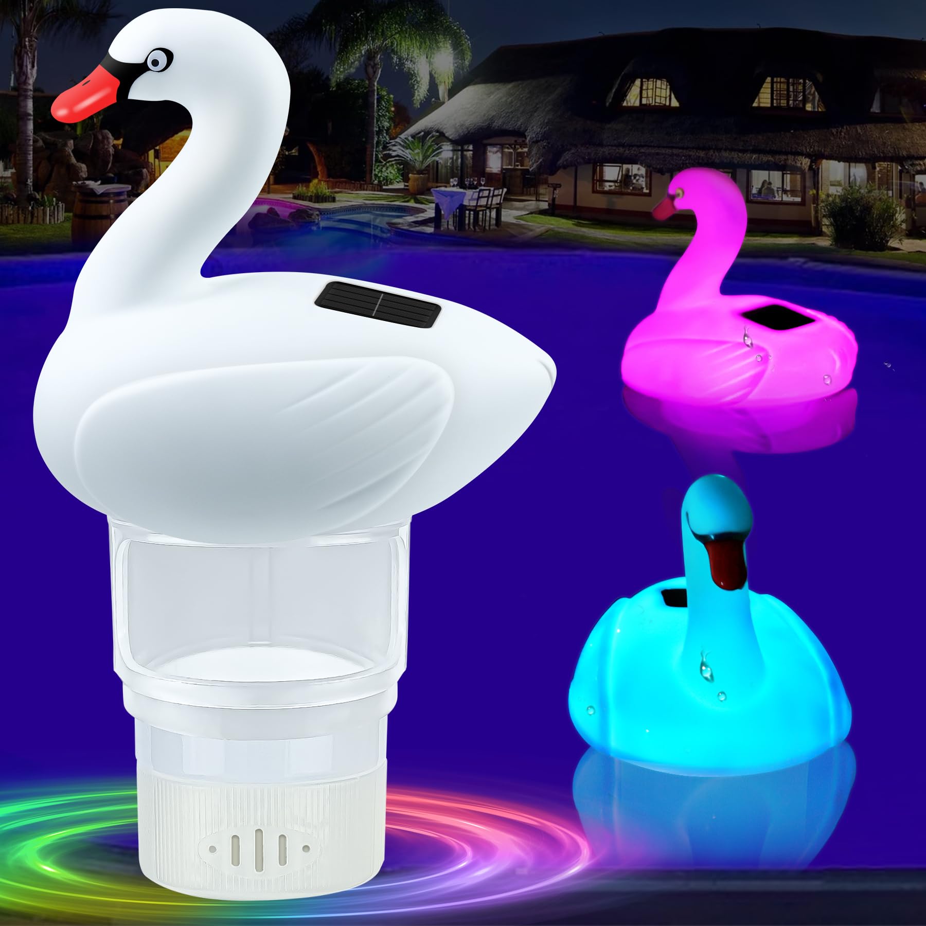 IUEST  Solar Swan Pool Chlorine Floater Adjustable Release Floating Chlorine Dispenser with Colorful Light for Hot Tub and Swimming Pool
