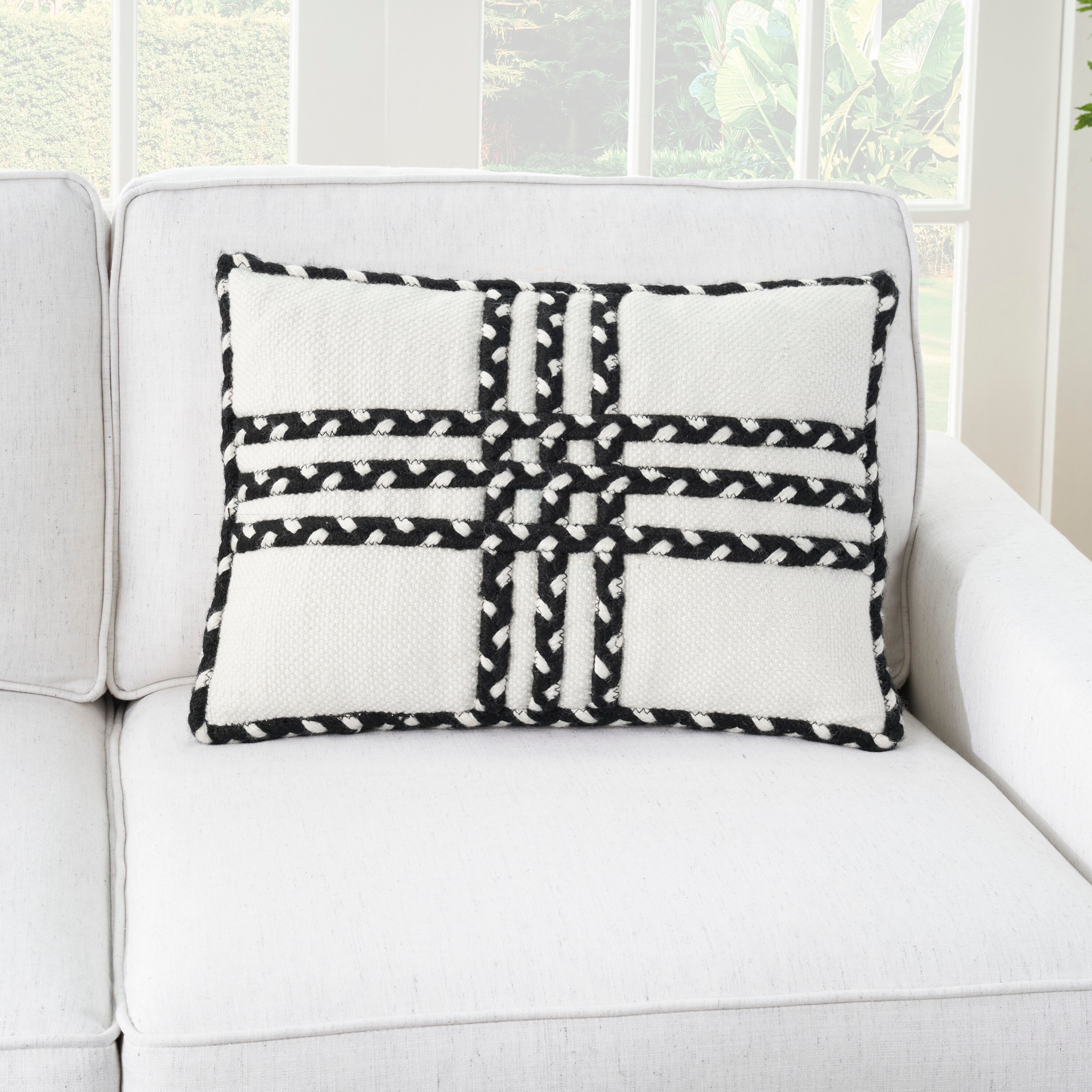 Black and Ivory Braided Polyester 14" x 20" Indoor/Outdoor Throw Pillow