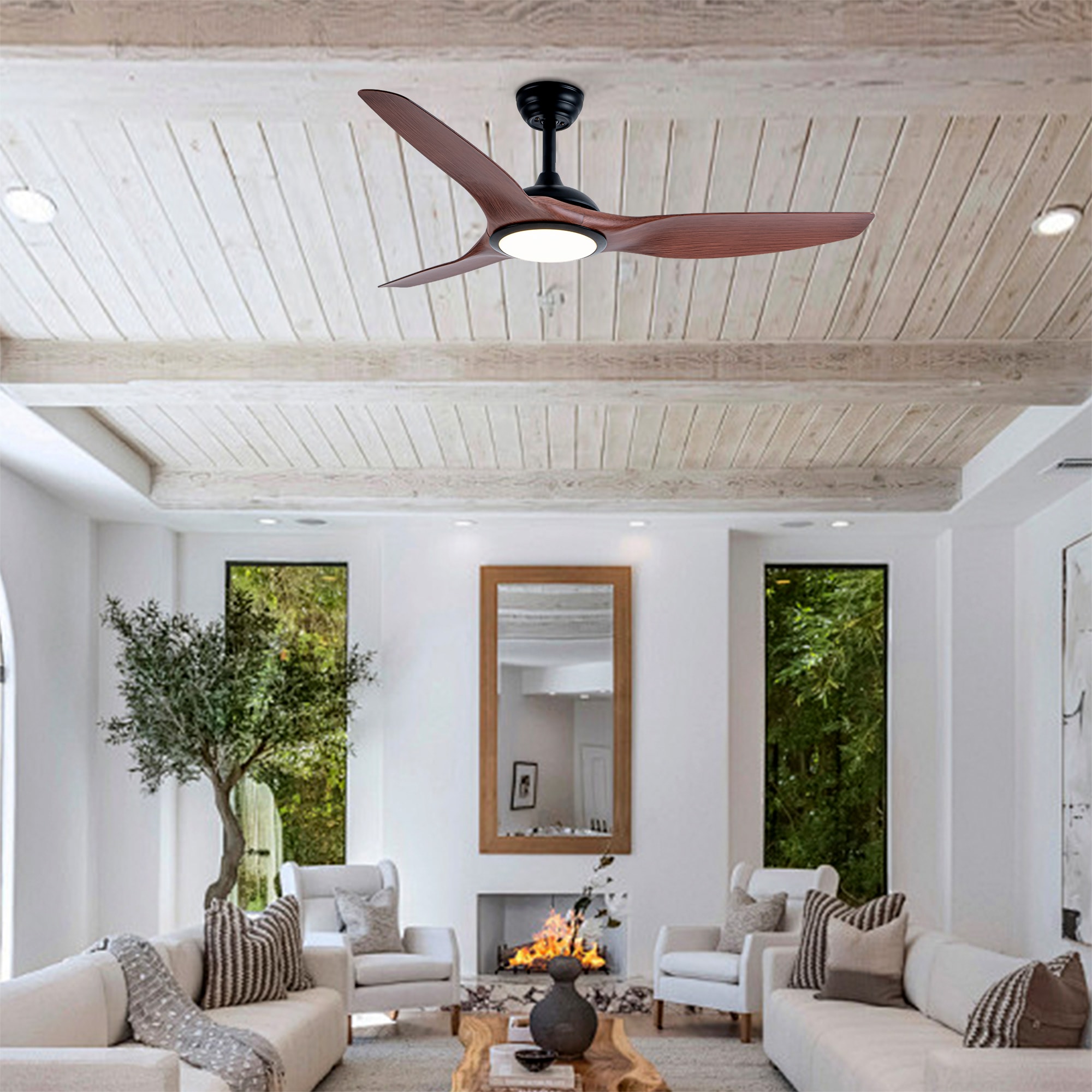 JUSHUA 52 inches Matte Black ABS Blades Ceiling Fan with 6-Speed Remote ...