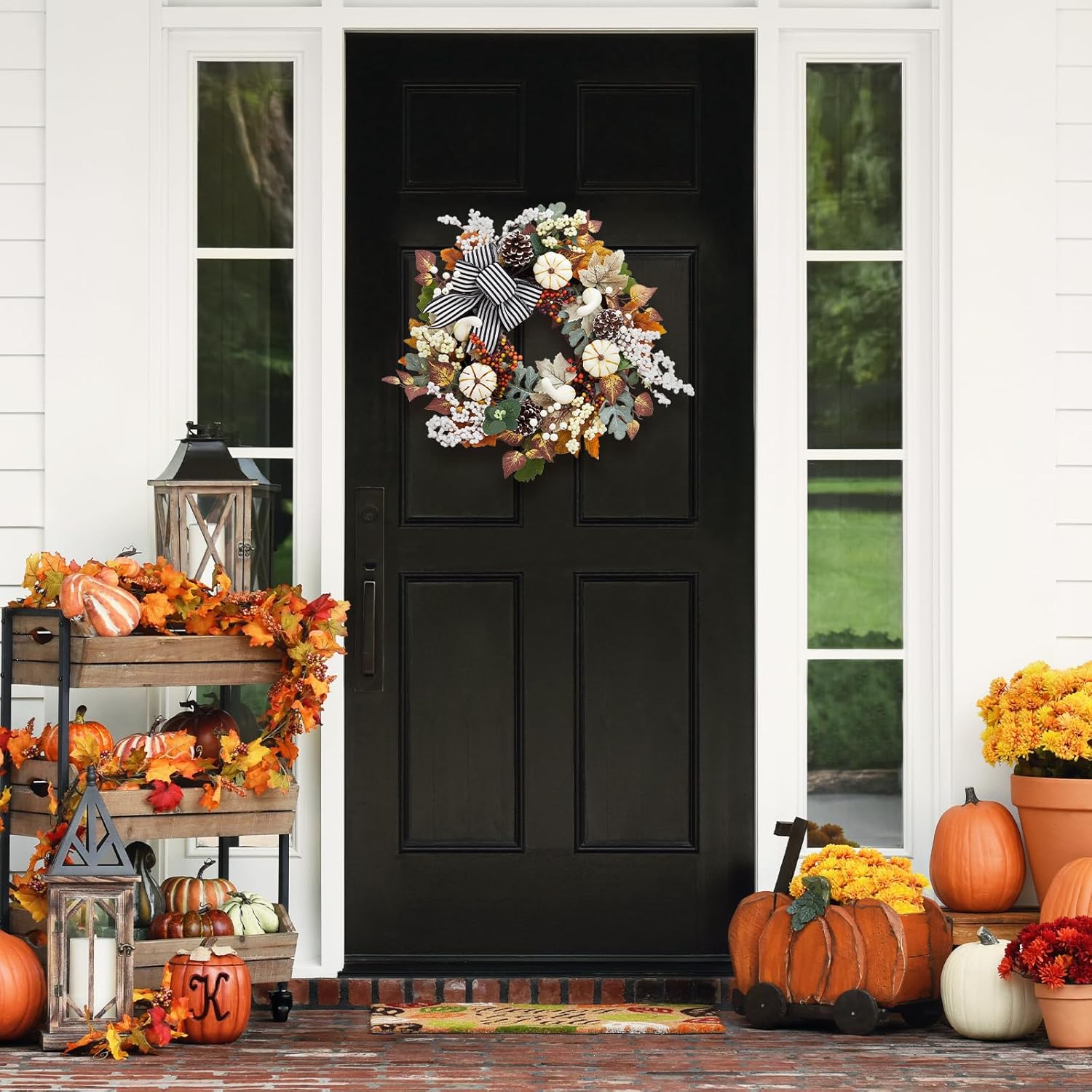 Garvee 20-in Orange White Fall Wreath with Maple Leaves Pumpkins Stripe ...