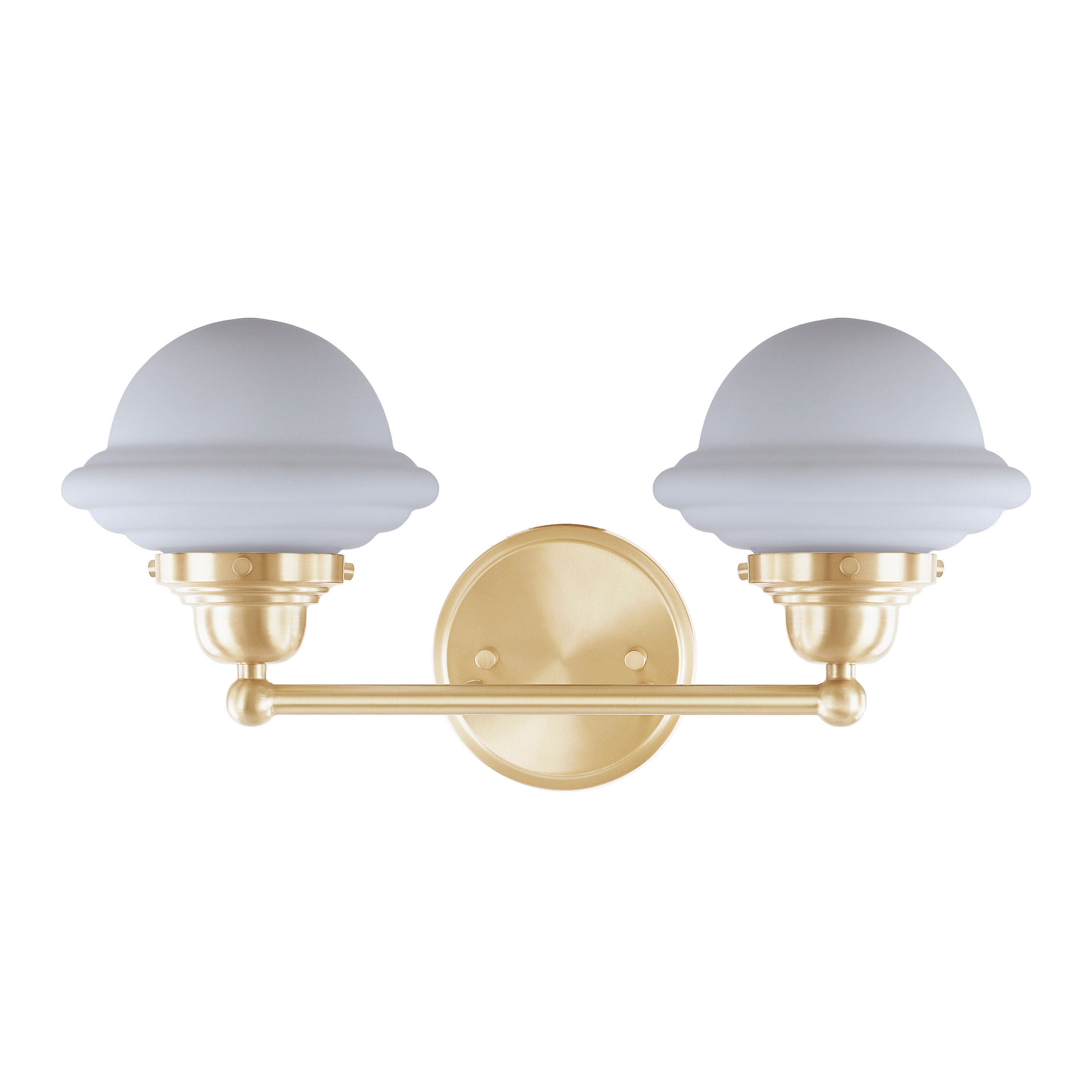 Warm Brass 2-Light Vanity Fixture with White Glass Shades
