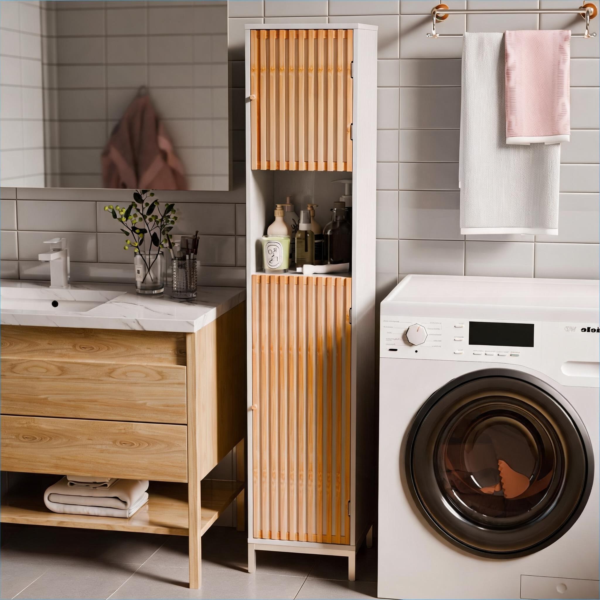 Watnature 65-Inch Tall Bathroom Storage Cabinet Crisp White Bamboo Louvered Doors for Small Spaces #36IA39A8TAB9