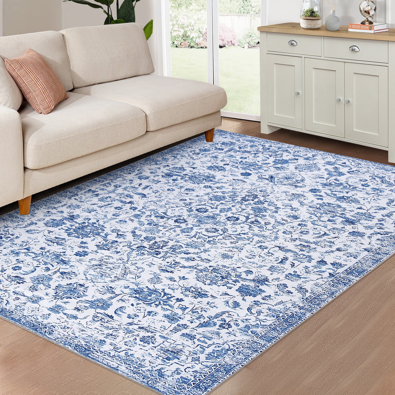 Garvee YXY-LO-PHO-0ZKXQI5J 10 x 13 (ft) Loomed Blue Rectangular Indoor Floral/Botanical Vintage Machine washable Pet Friendly Area rug