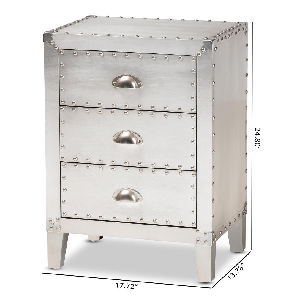 Claude Riveted Silver Metal 3-Drawer Nightstand