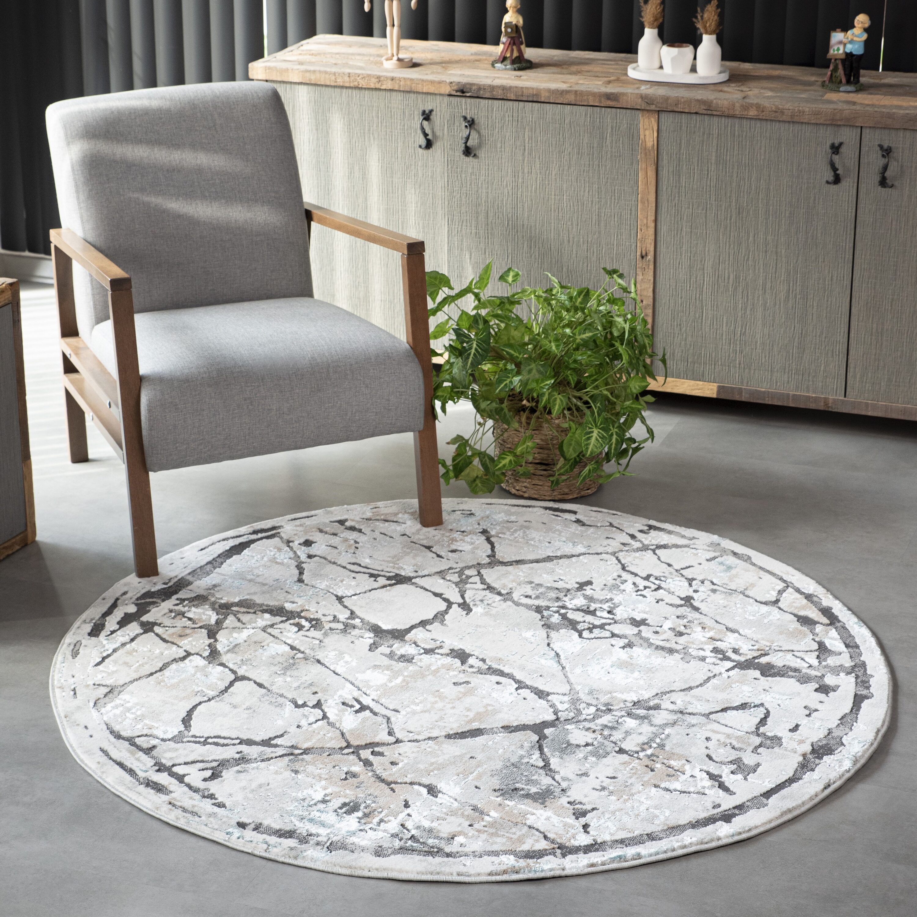 MDA Rugs Elpida 5 X 5 (ft) Cream and Light Gray Round Indoor Abstract ...