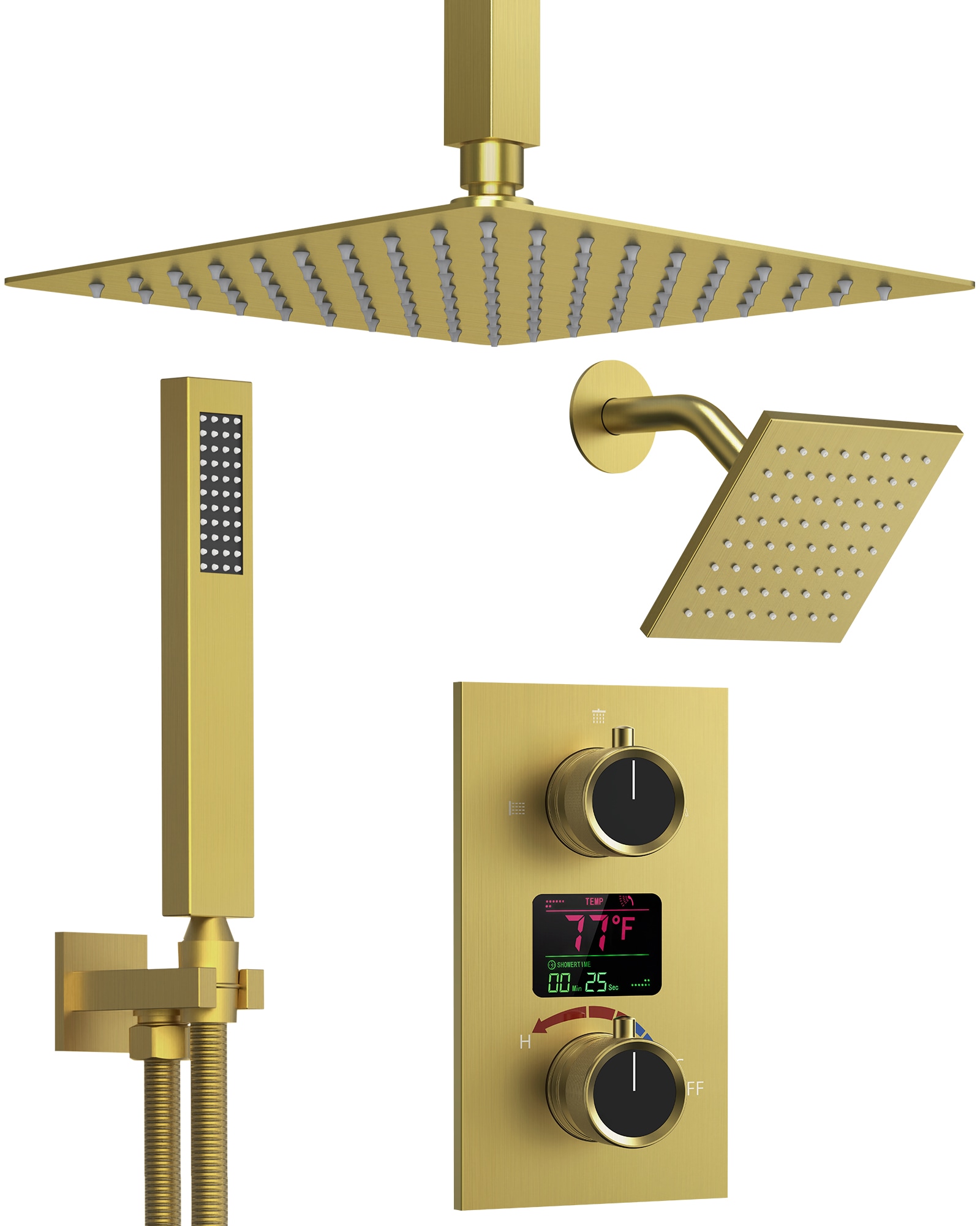 GRANDJOY SFS-1067-GD12 IntelliFlow Brushed Gold 12-Inches Dual Head Built-In Shower Faucet System with 3-way Diverter ( Pressure-balanced Valve Included )