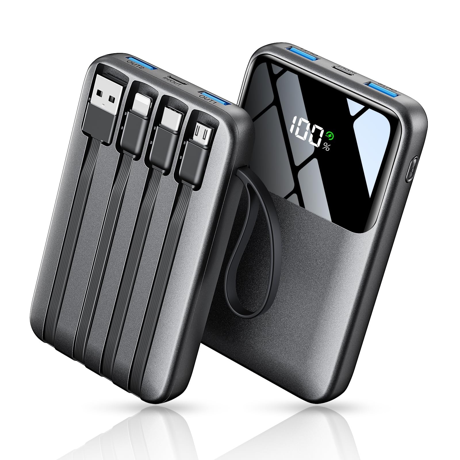 AOIZGMY  15000mAh Portable Charger 22.5W Fast Charging Power Bank Built in USB C IOS Micro Cables 6 Output 3 Input Ports LED Display Black 1 Piece
