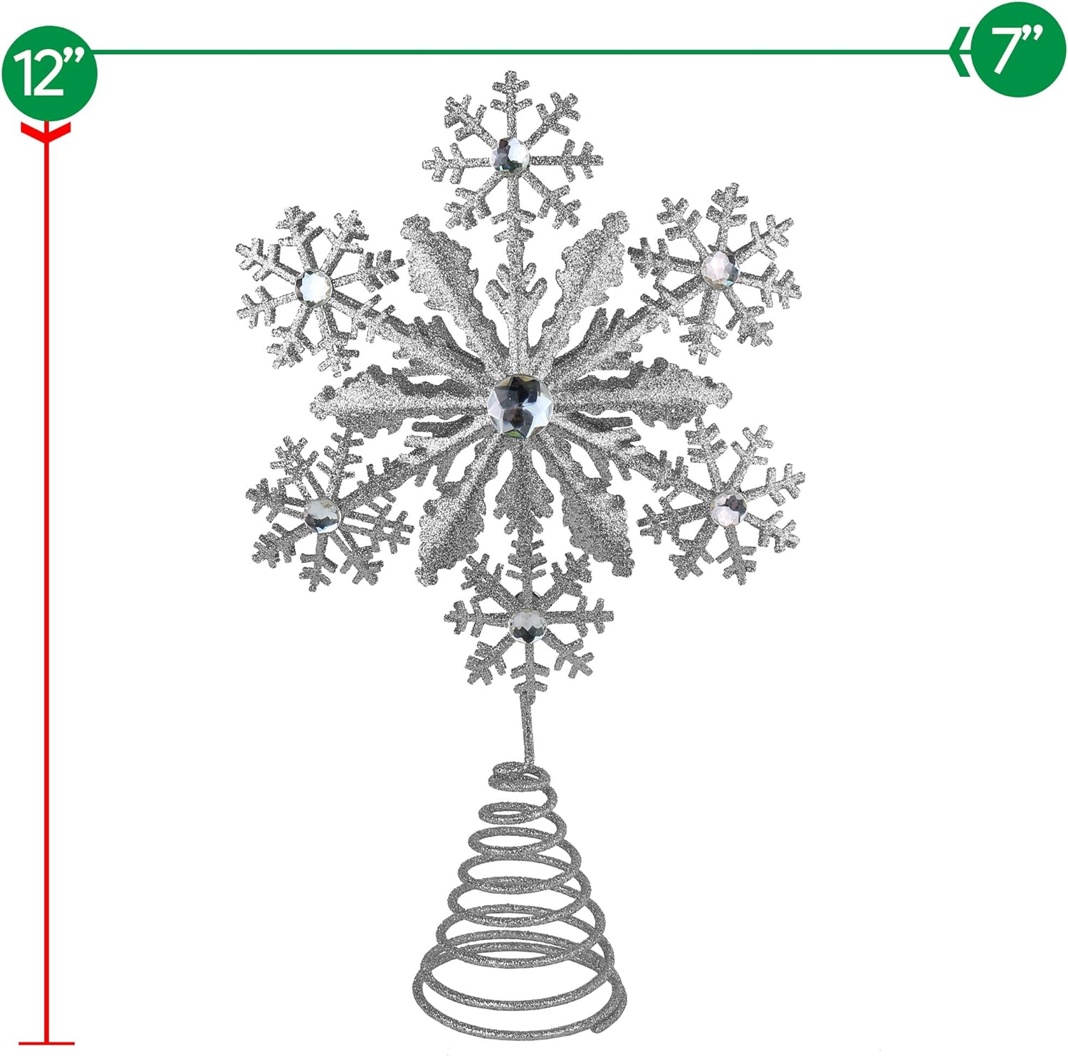 Silver Glitter Snowflake Metal Tree Topper with Gems