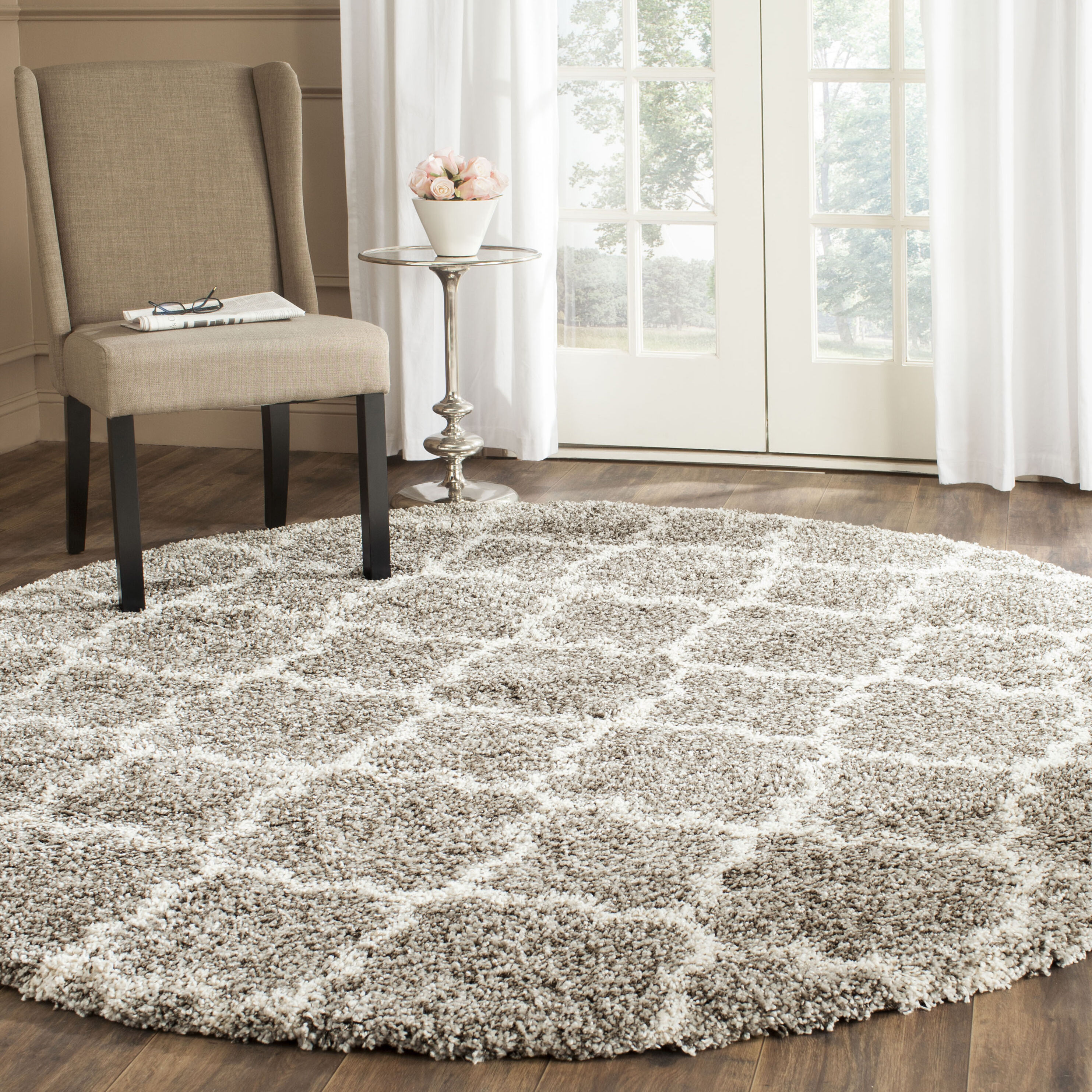 Safavieh SGH282B-9R Hudson Theron Shag 9 x 9 (ft) Loomed Polypropylene Gray/Ivory Round Indoor Trellis Area rug
