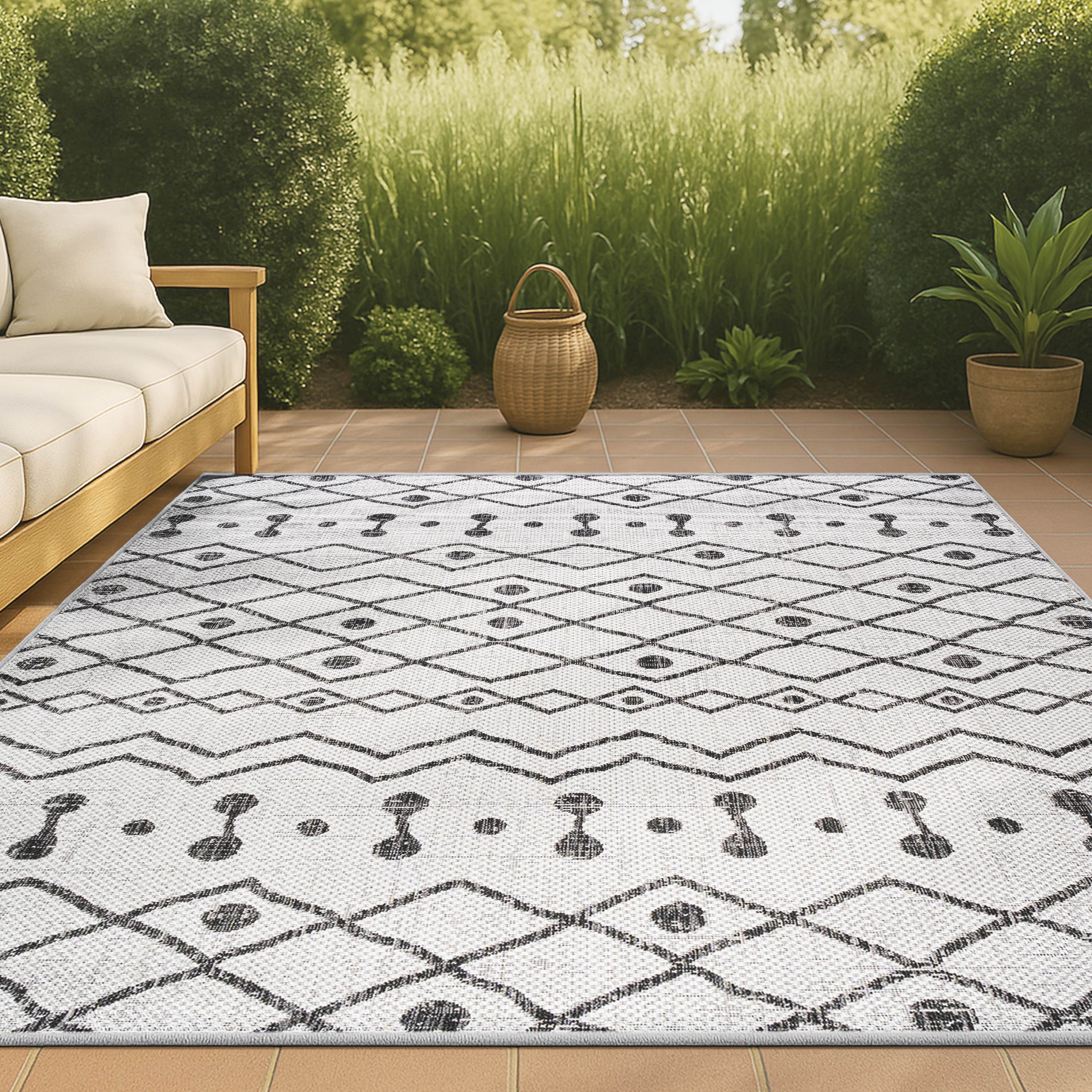 JONATHAN  Y SMB131D-3 Santa Monica Nokat Tribal 3 x 5 (ft) Loomed Polypropylene Ivory/Black Rectangular Indoor/Outdoor Trellis Bohemian/Eclectic Area rug