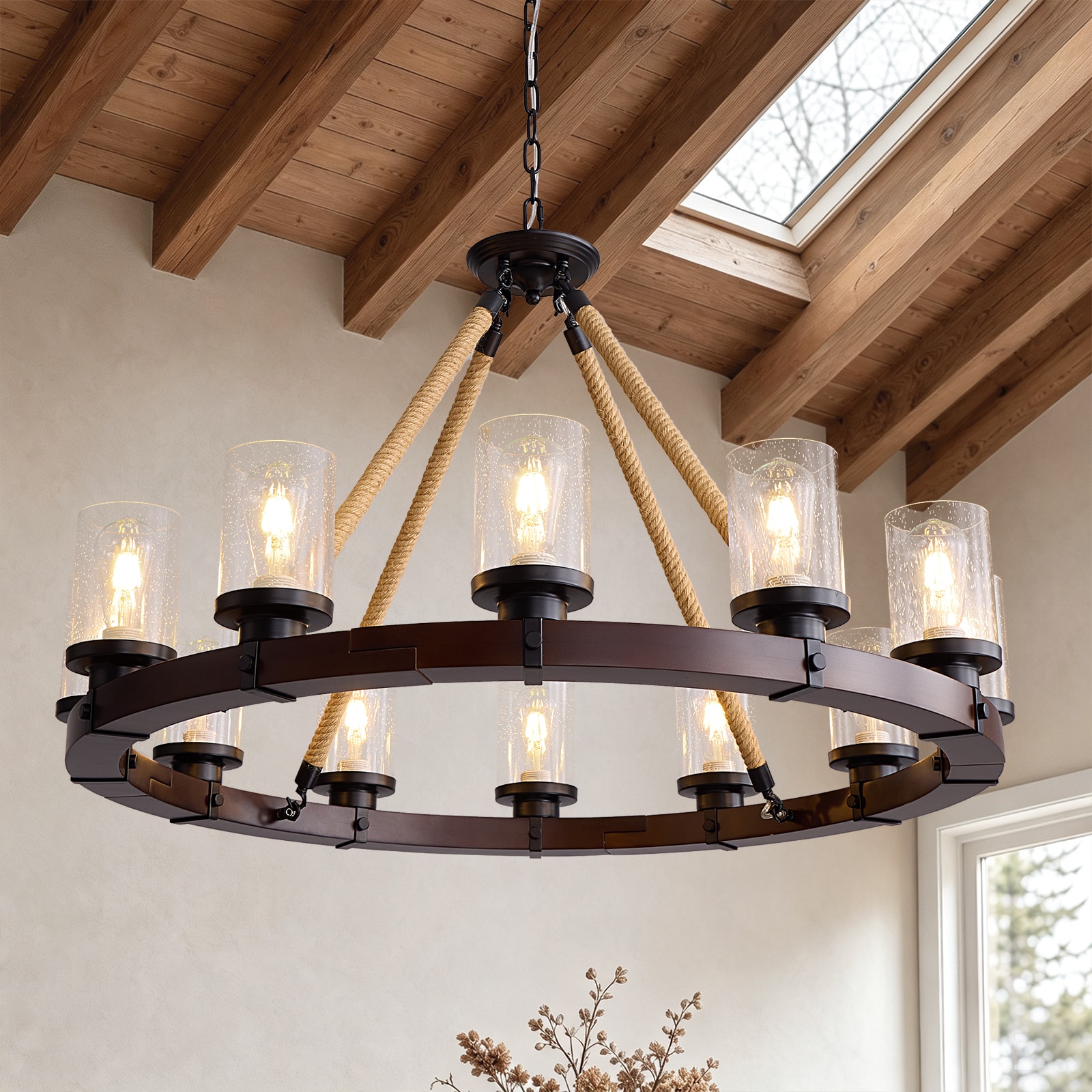 SILJOY 40-in Rustic Farmhouse Brown Wood Wagon Wheel Chandelier 12-Light Candle Style E26 Clear Crackle Glass Dimmable Adjustable Hanging Height Sloped Ceiling Compatible for Dining Room Kitchen Island Living Room Entryway
