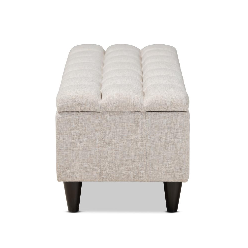 Beige Tufted Fabric Storage Bench with Dark Wood Legs