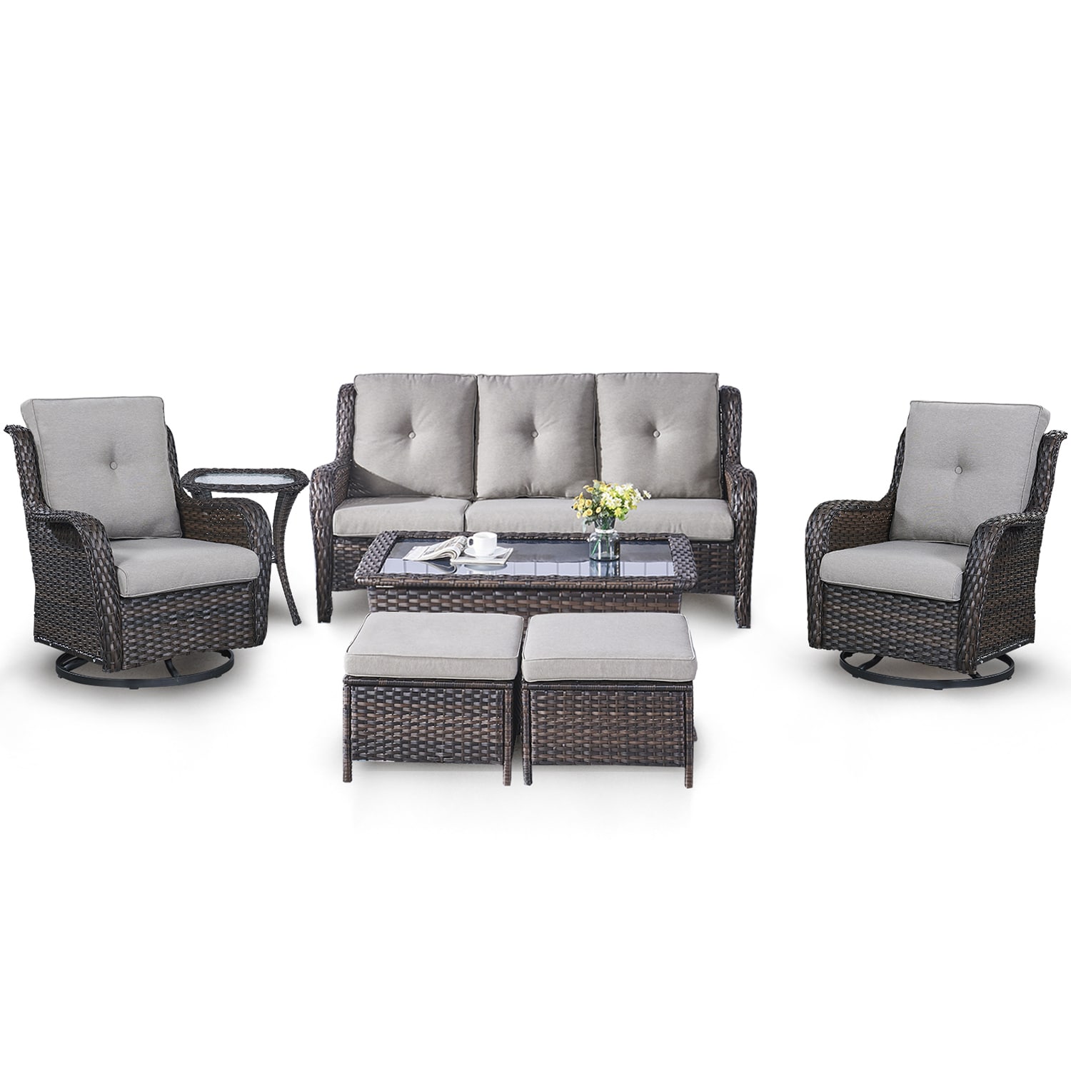 Rilyson FS013018025023014-3 Curved Handrail 7 -Piece Wicker Patio Sofa Conversation Set with Gray Cushions