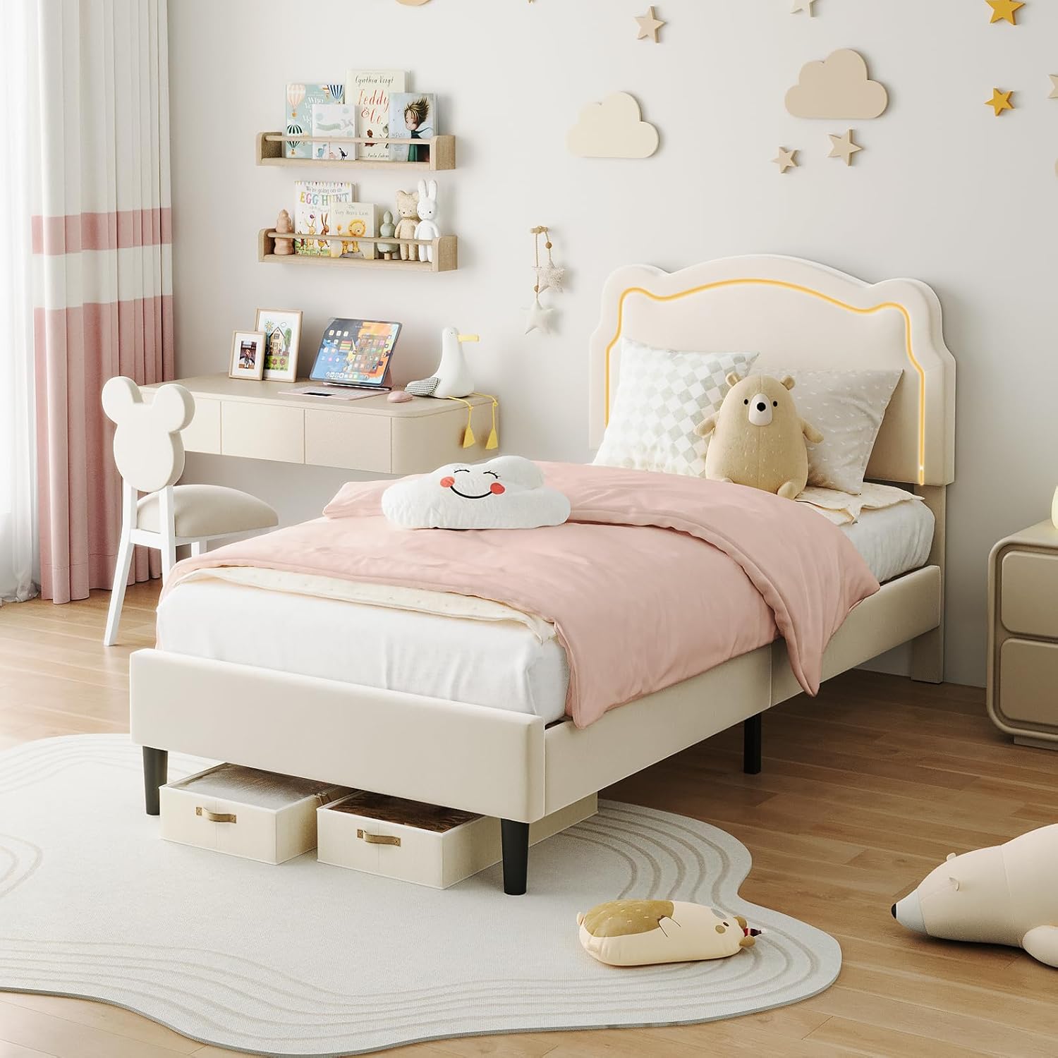 Qeetex LHF-BED-PHO-15JXMK54 Twin Upholstered Smart LED Bed Frame with Adjustable Bear Headboard Velvet Princess Platform Bed Frame for Kids/Girls Wooden Slats Support No Box Spring Needed Easy Assembly Beige