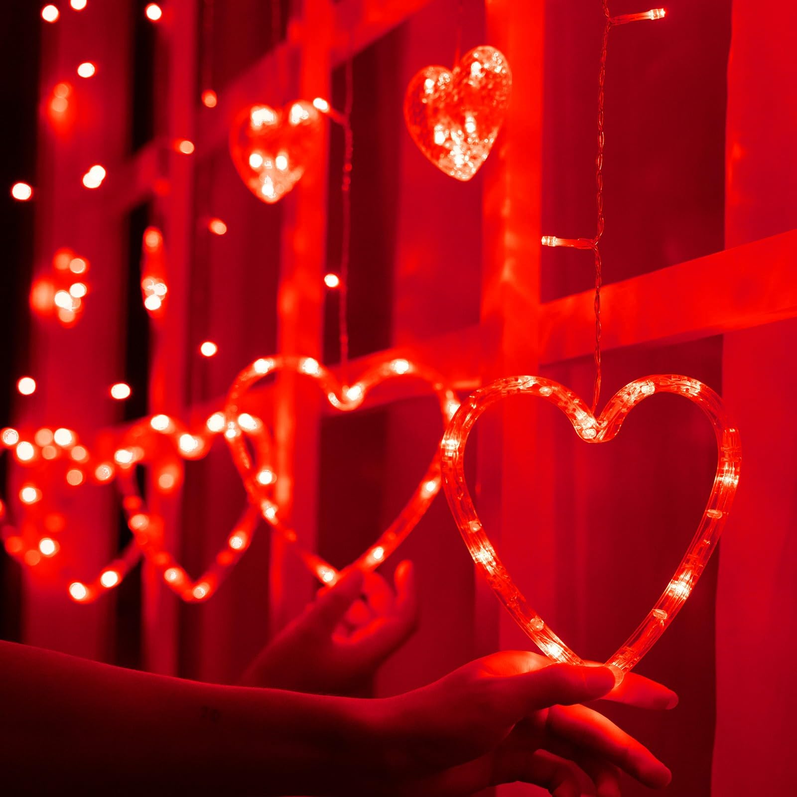 DYRCJ  Valentines Day Decor Lights 138 LED 12 Heart Shaped String Lights Waterproof 8 Modes Connectable 29V Plug in Curtain Lights for Kids