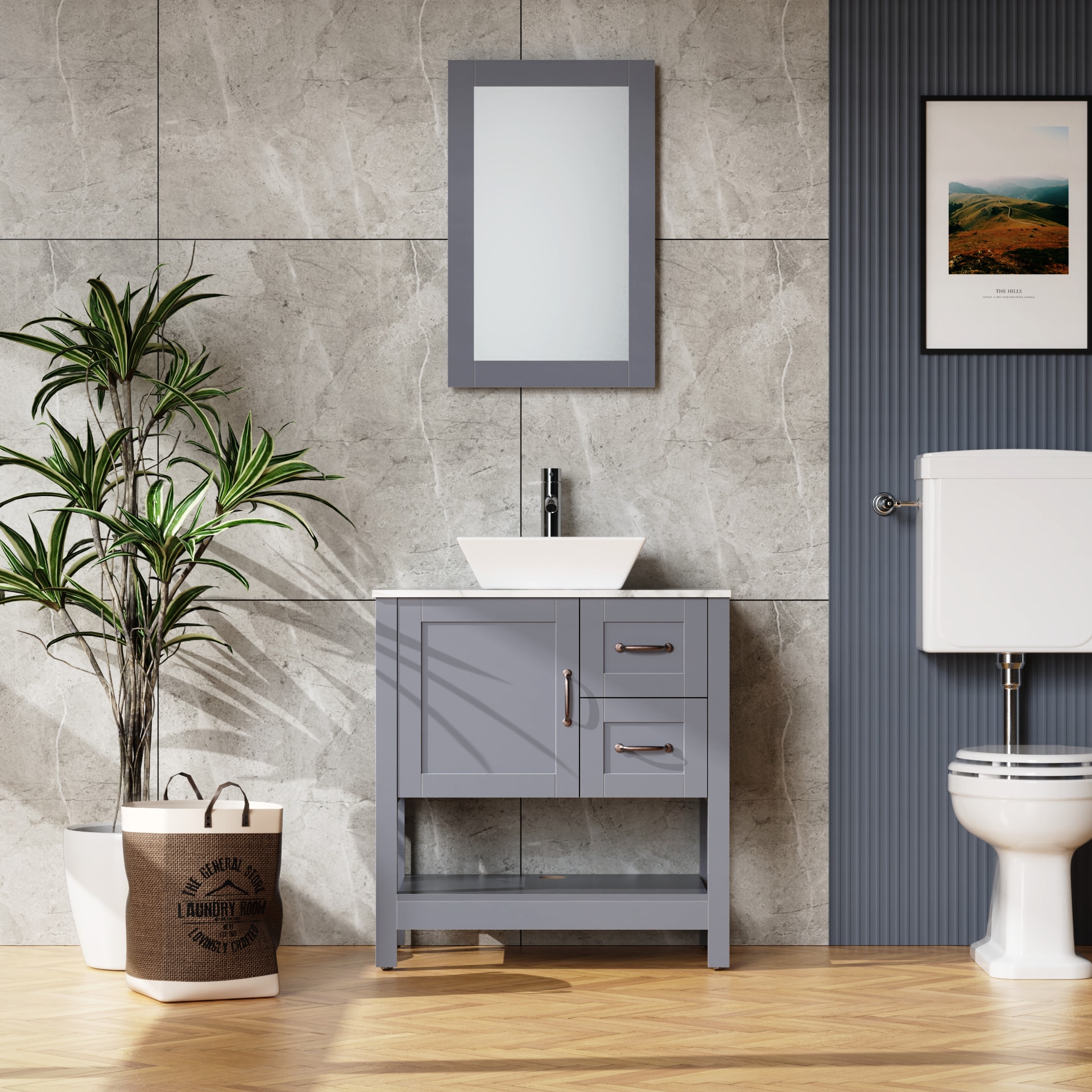 WELLFOR GIZQCS35P04 VZ 30-in Gray Single Sink Bathroom Vanity with White Solid Surface Top (Mirror and Faucet Included)