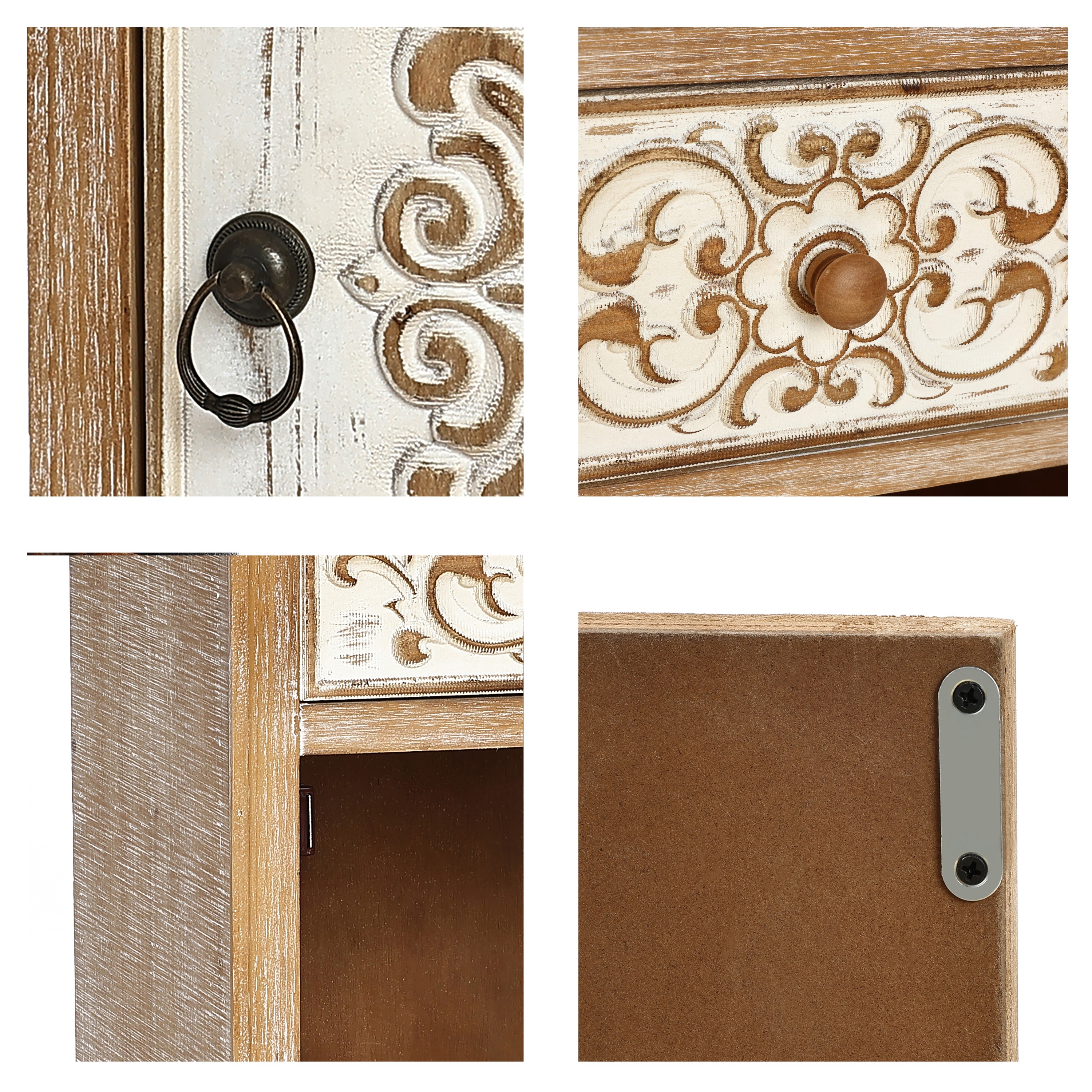Rustic Floral Carved Wood and Metal End Table with Storage