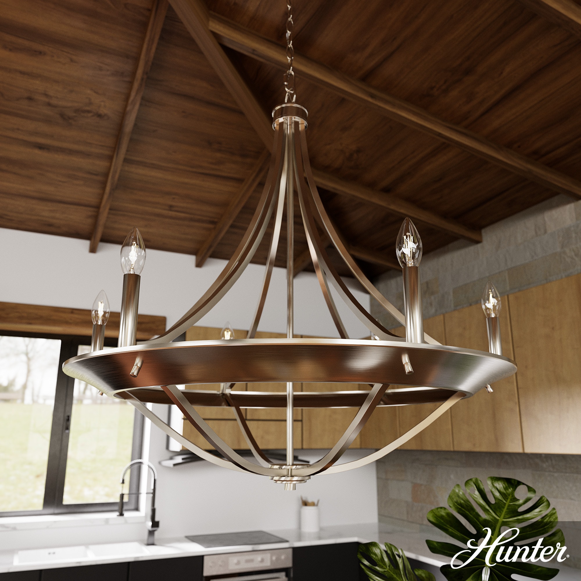 Hunter 19415 Perch Point 6 -Light Brushed Nickel Transitional For Use in Bedrooms, Dining Rooms, Foyers, Kitchens, Living Rooms Chandelier