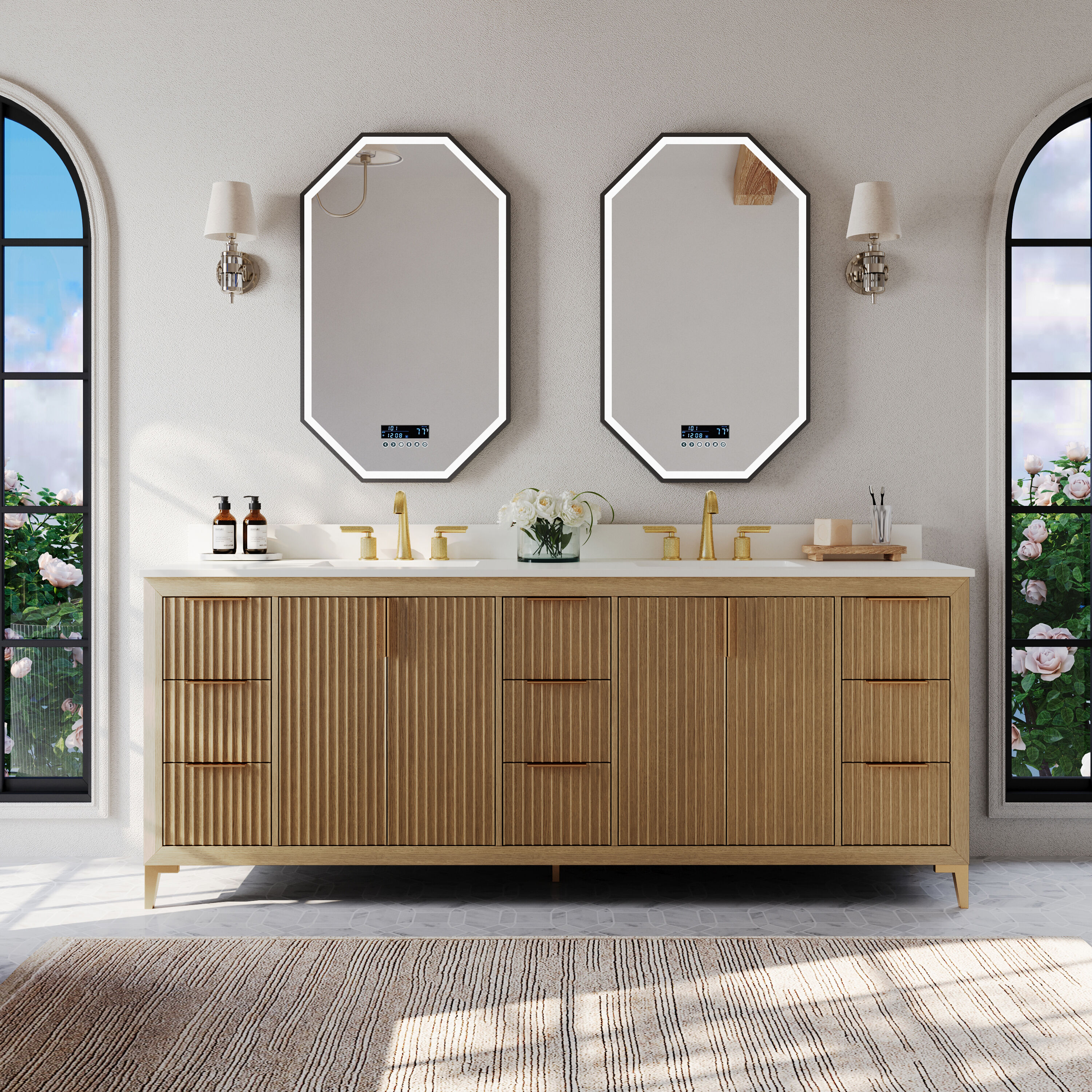 Ancerre Designs VTSTURLINGTON84OAKWQ Turlington 84-in Oak Undermount Double Sink Bathroom Vanity with White Quartz Top