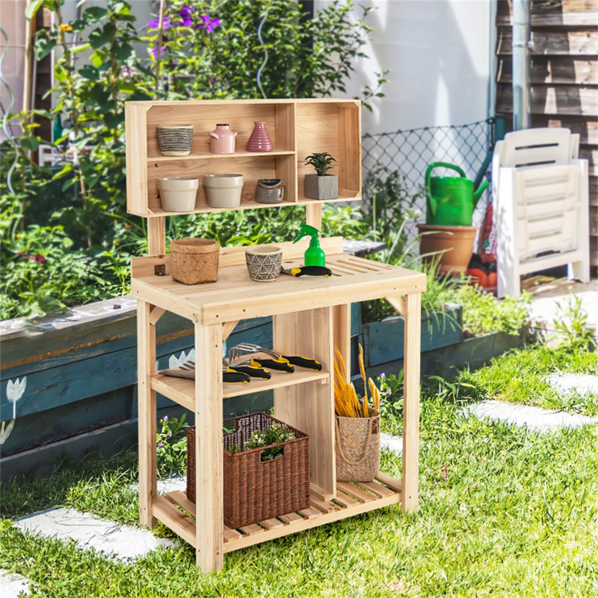 BABOOM BOM-0TH10011-CO Garden Wooden Potting Table Workstation 31.5-in x 54-in x 16.5-in Natural Potting Bench