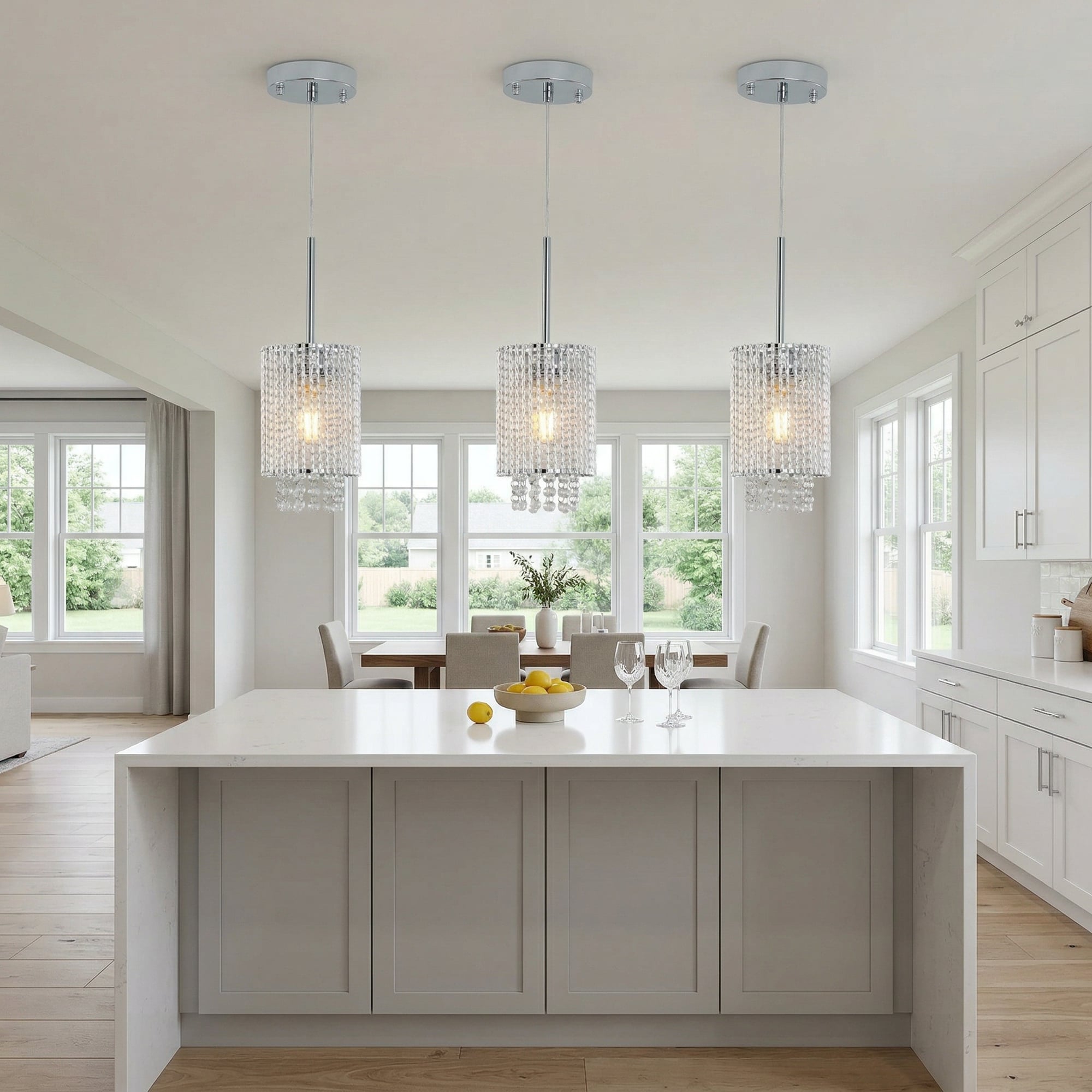 RCCFBHM 5-in Modern Crystal Pendant Light 3 Pack Adjustable Chrome Hanging Ceiling Fixture with Clear Beads for Kitchen Island Dining Room E26 Base