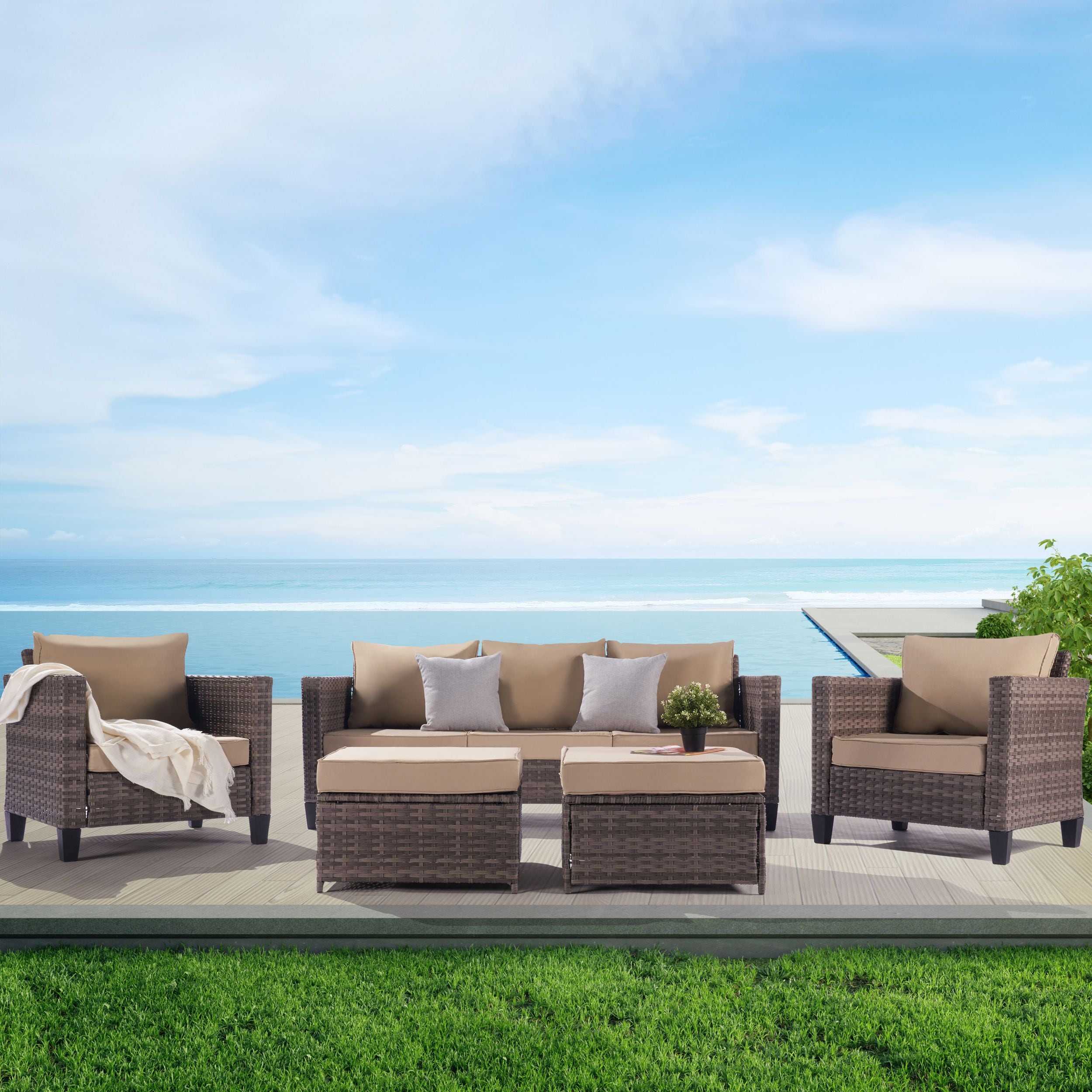 SANSTAR 5-Piece Rattan Patio Conversation Set With Sand Cushions In The ...