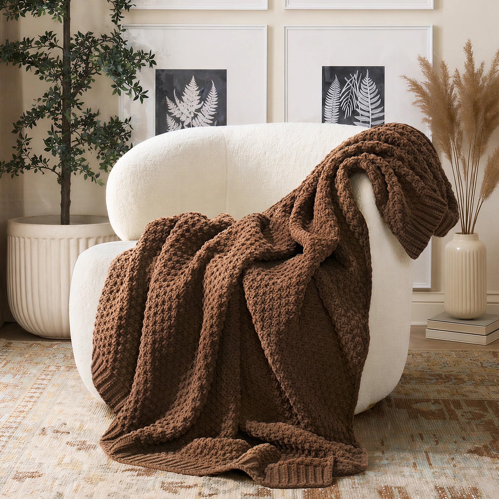PUPWE Chunky Chenille Knit Throw Blanket Soft Plush Farmhouse Decor All Season Versatile Easy Care