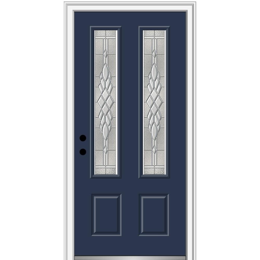 MMI DOOR ZZ3666996R 36-in x 80-in x 4-9/16-in Fiberglass Twin lite Right-hand inswing Naval Painted Prehung Front Door with Brickmould Insulating core
