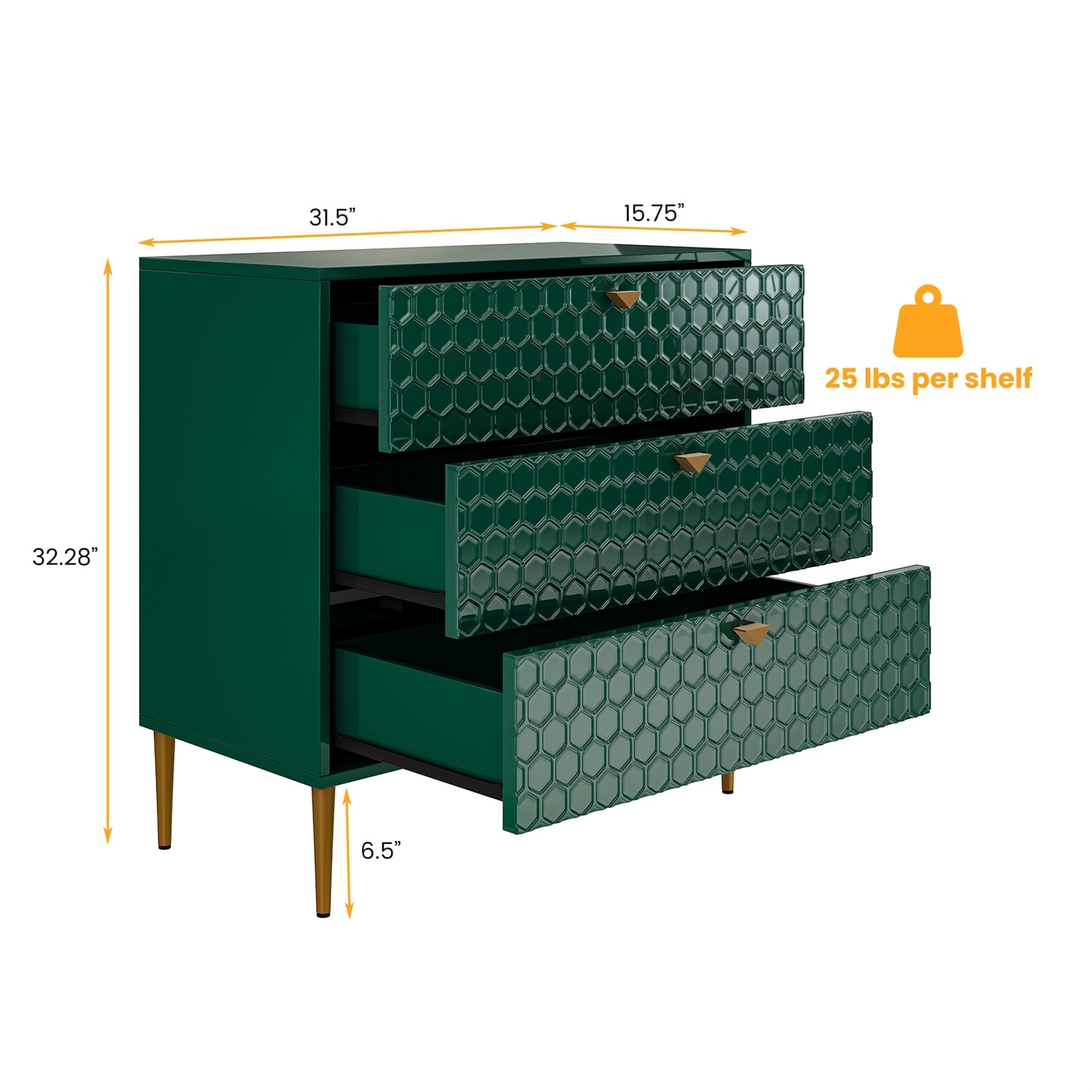 Green Honeycomb Pattern 3-Drawer Freestanding Office Cabinet