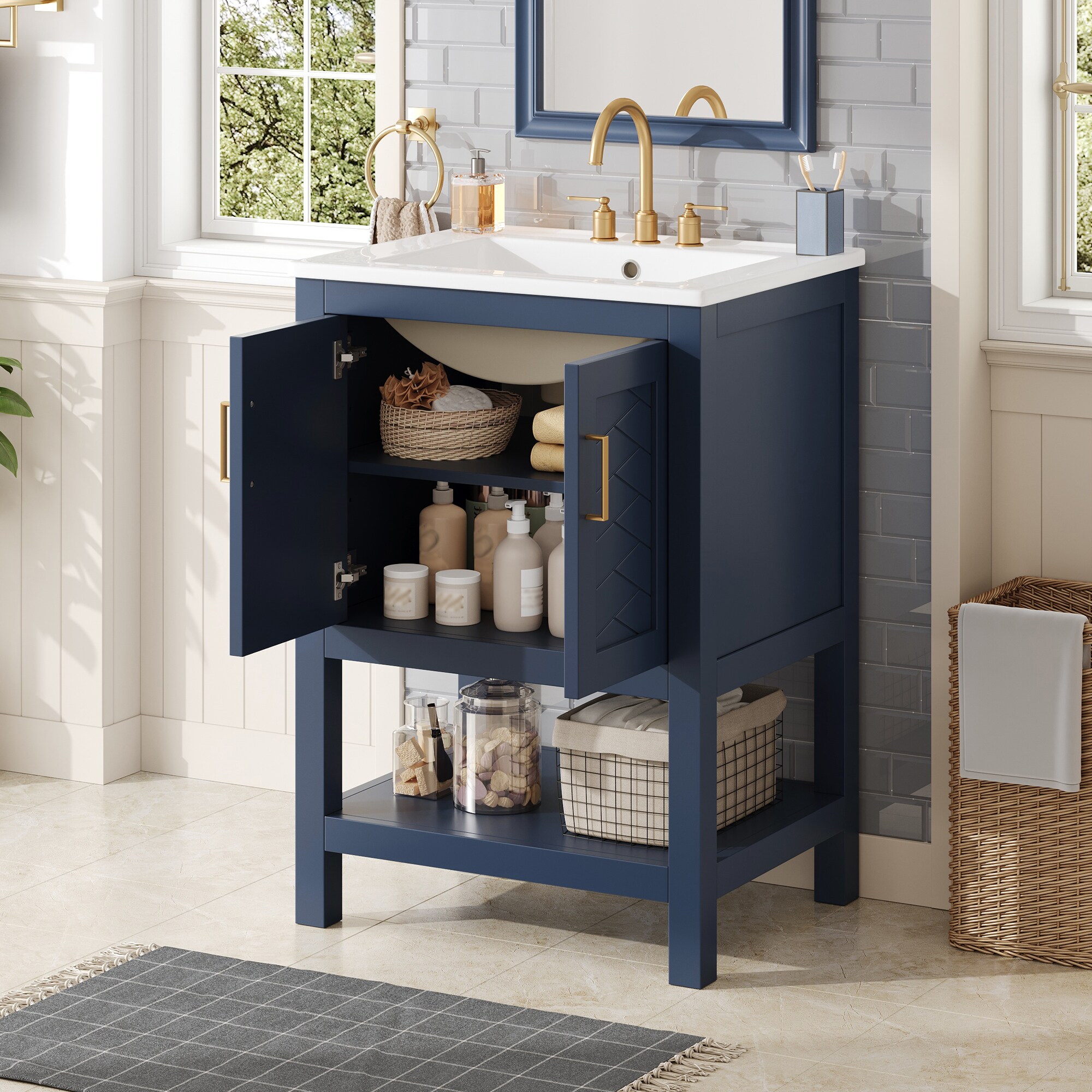 Hrinhom 24-in BLUE Single Sink Bathroom Vanity with WHITE Ceramic Top ...